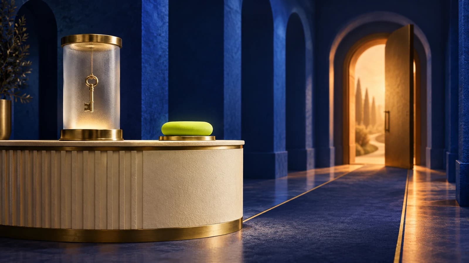 Conceptual illustration of a brass key enclosed in a frosted-glass cylinder on a concierge desk, with a lime button and an open amber doorway in a cobalt corridor