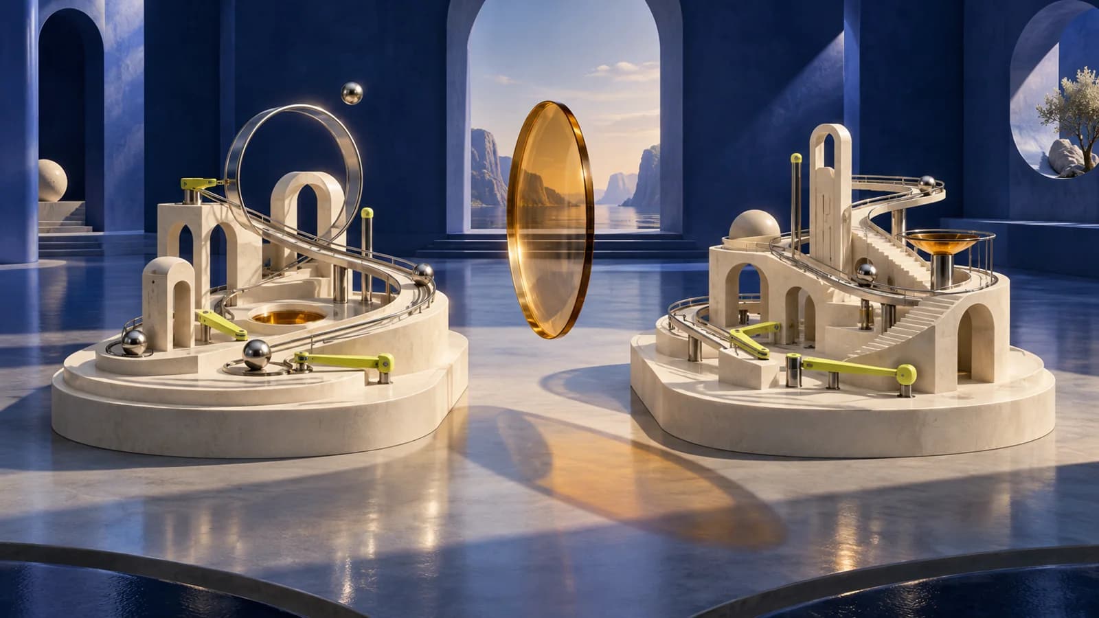 Conceptual illustration of two intricate ivory pinball landscapes with lime levers and steel spheres, separated by an amber lens in a cobalt exhibition hall
