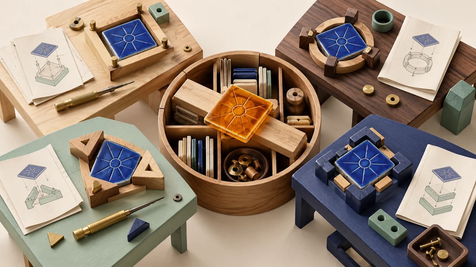 Conceptual wooden workbenches with different mechanisms holding matching cobalt instruction tiles around a shared circular tool chest