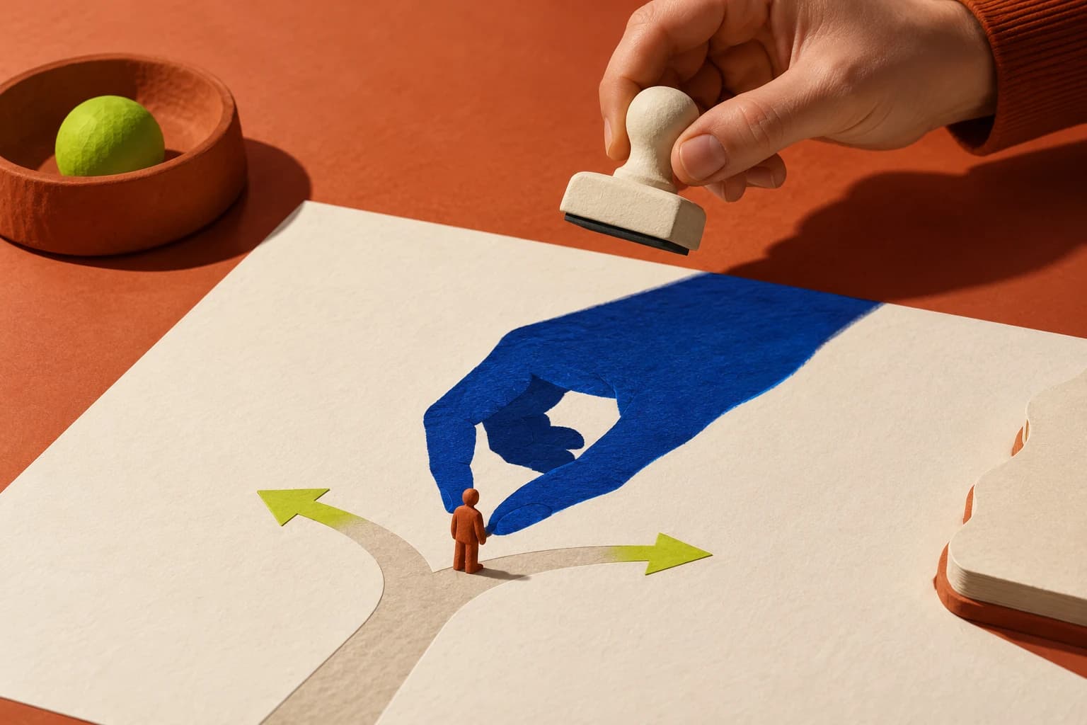 Conceptual artwork: a hand holds an approval stamp above paper, while an oversized cobalt hand-shaped shadow guides a small figure at a fork in the path.