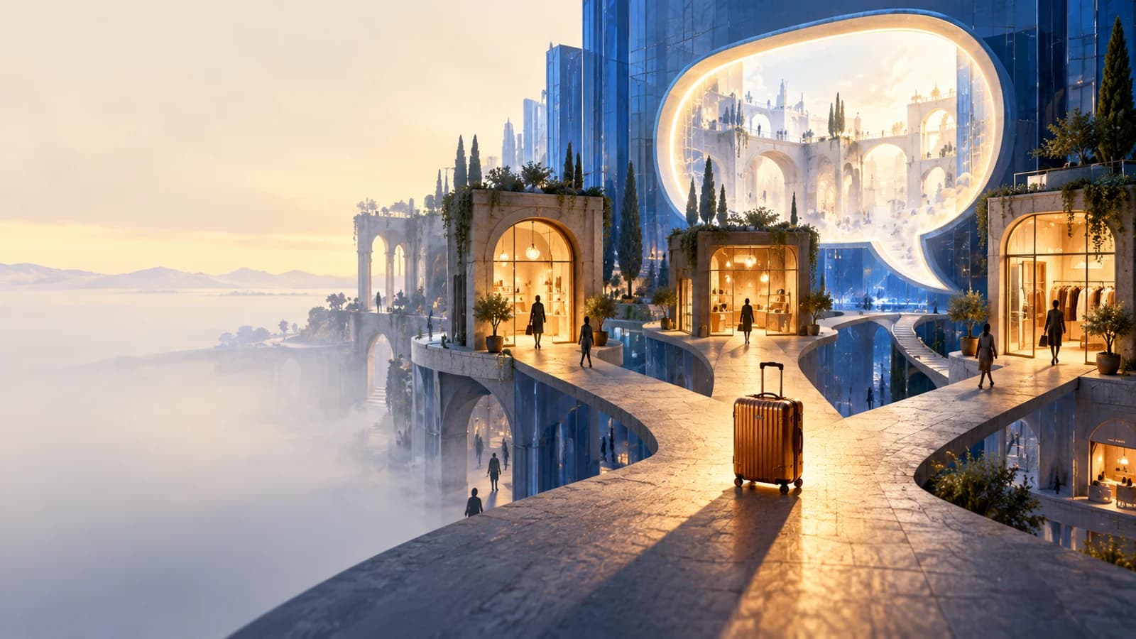 Conceptual artwork: an amber suitcase at branching paths between warm shopfronts and a monumental cobalt glass speech bubble.