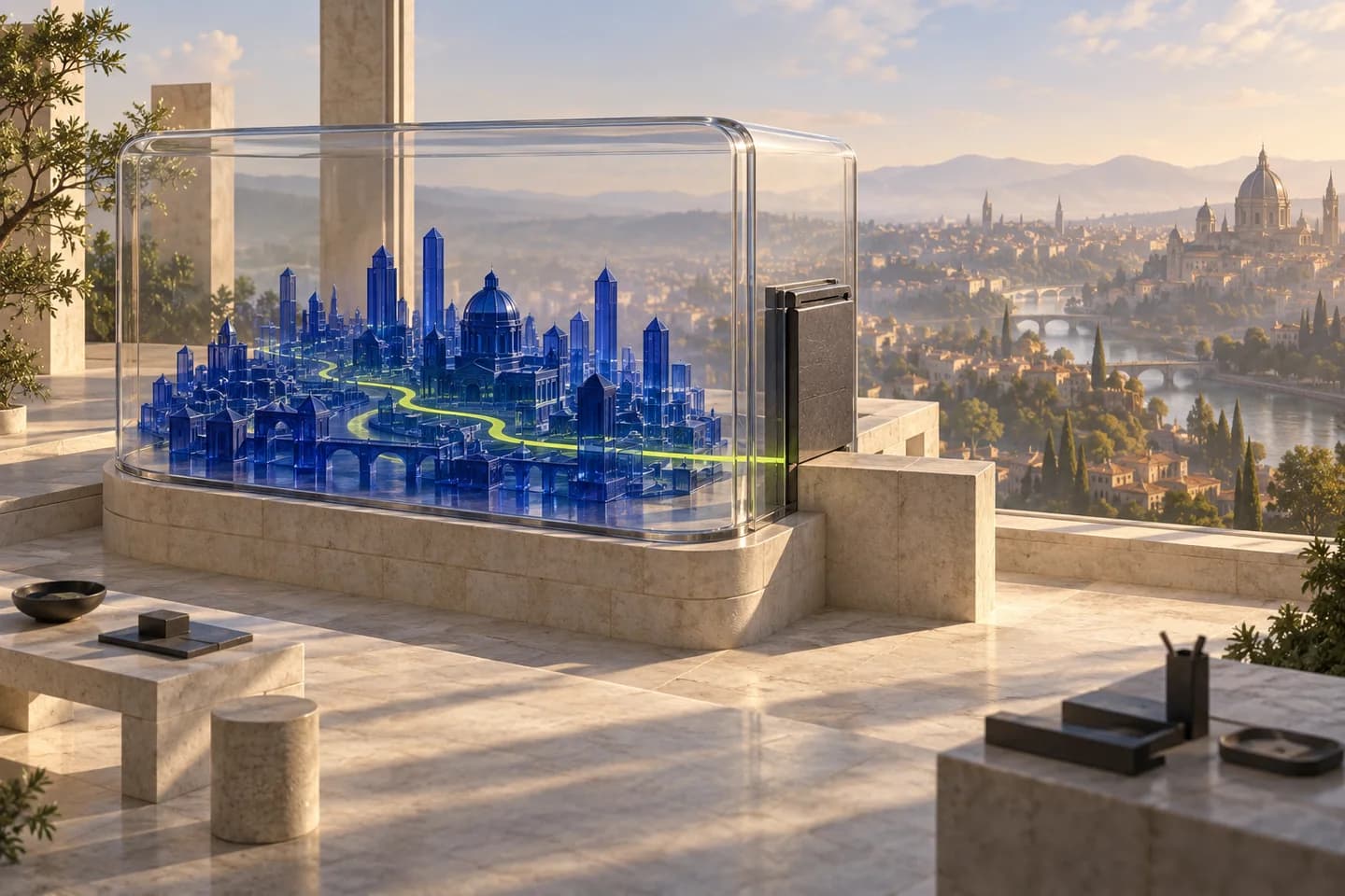 Conceptual illustration of a miniature cobalt city inside a glass testing chamber, with a shutter interrupting a lime path toward the real city