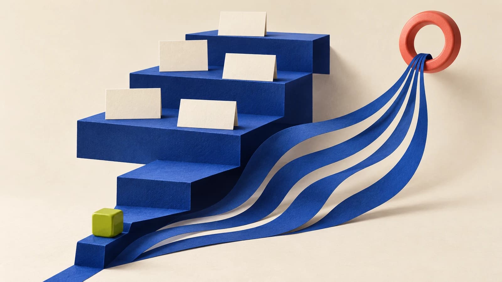 A cobalt paper staircase with a narrow first step and ribbons gathered through a coral ring, a conceptual illustration of entry routes and human attention