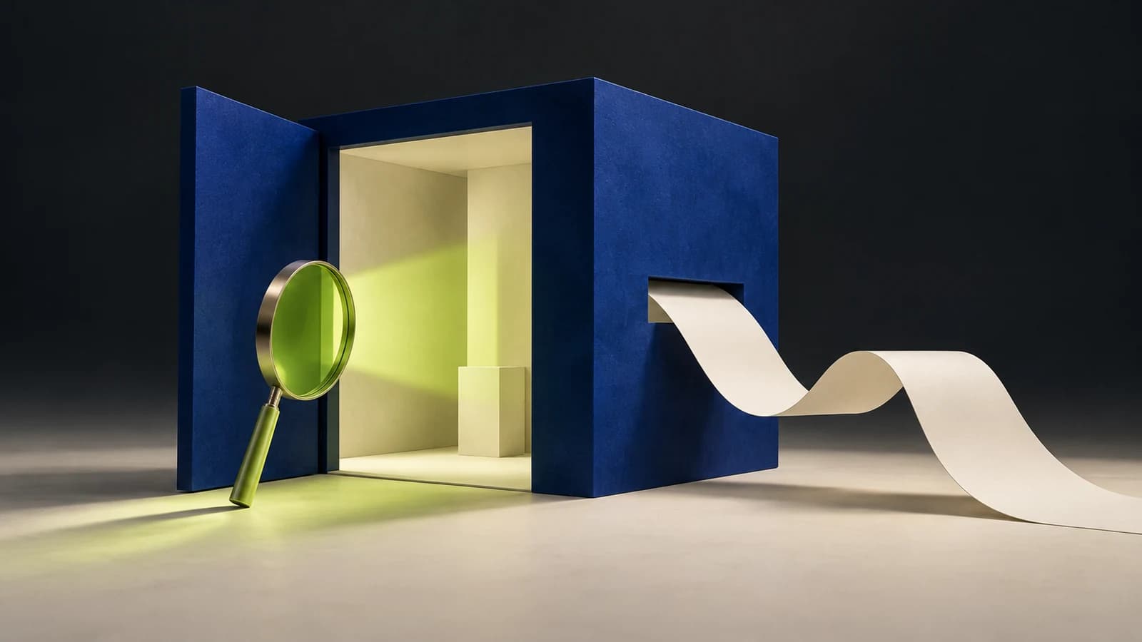 Conceptual artwork of an open cobalt structure, a lime magnifying lens and an ivory ribbon emerging into the open
