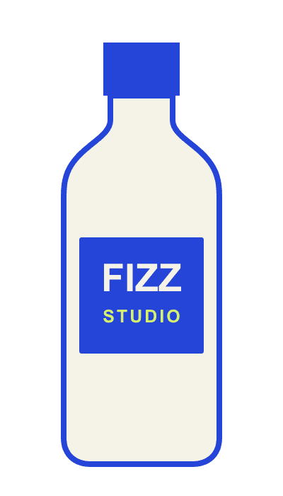 Original flat ivory bottle with cobalt cap and outline, FIZZ label and lime STUDIO lettering.