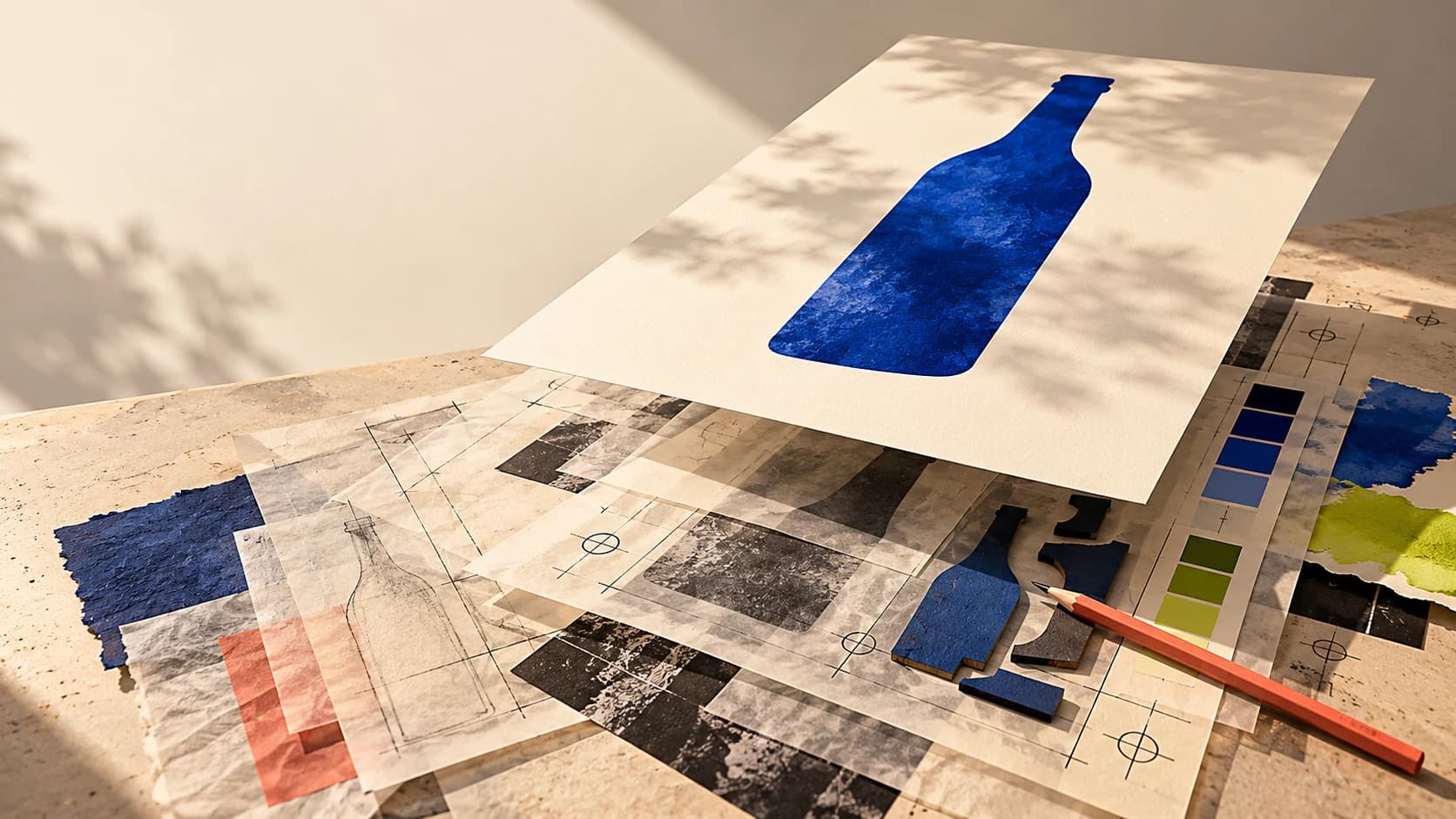 Conceptual illustration of an apparently finished bottle advert floating above tracing sheets, crop marks, colour swatches and a coral pencil