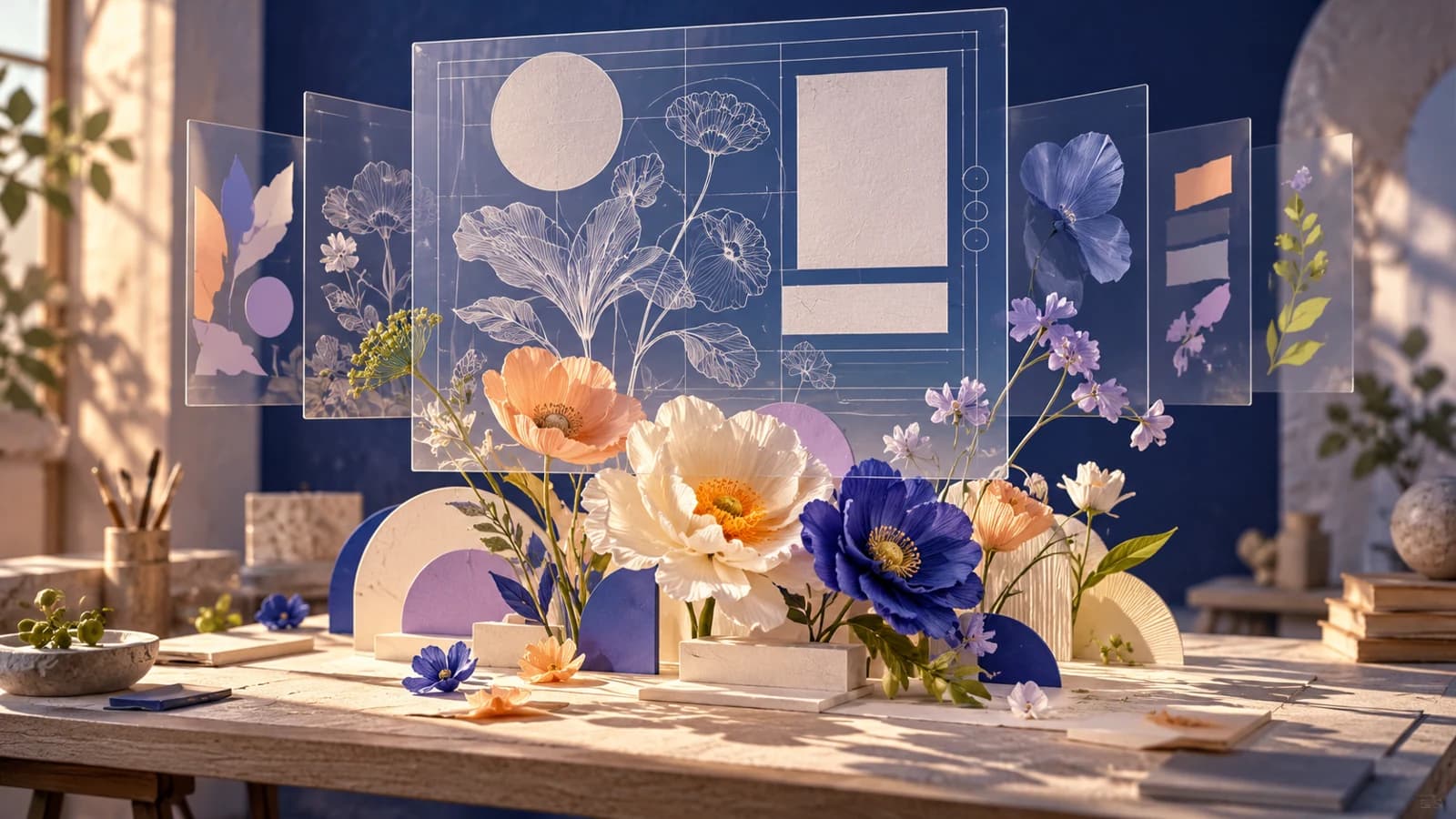 Conceptual artwork of a translucent floral layout plan suspended above paper flowers and separate glass panes on a drafting table
