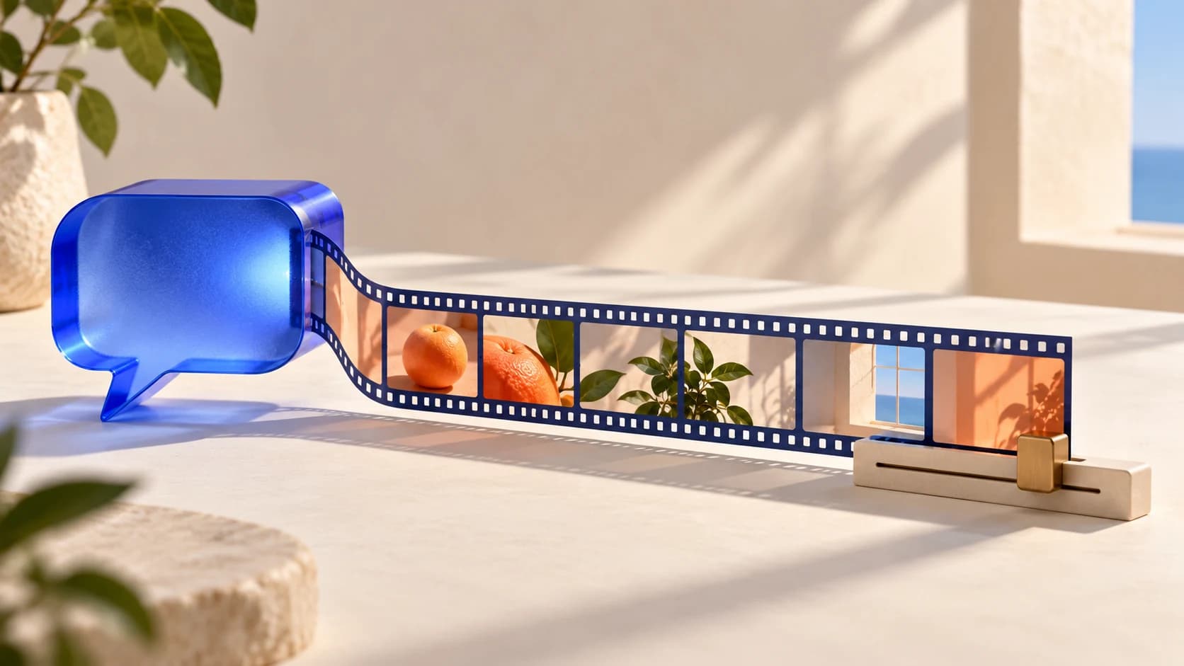 Conceptual artwork: a cobalt glass speech bubble unfolds into a film strip, ending at a manual editing slider on an ivory tabletop.