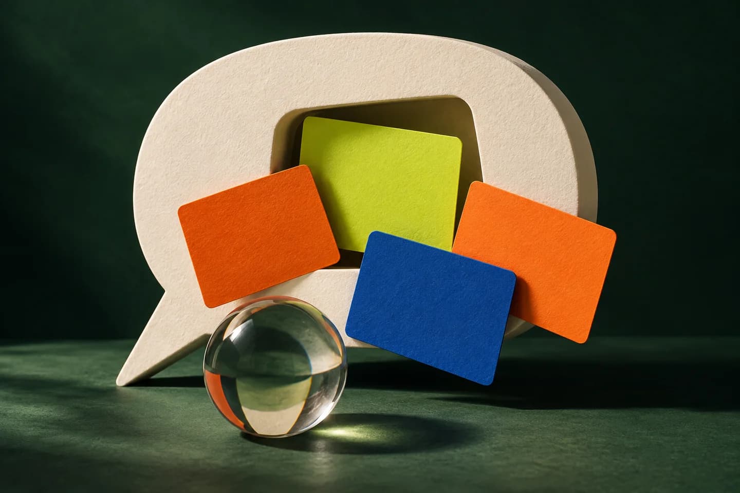 Blank coloured cards crowding a cream speech bubble beside a glass lens, illustrating competing ads in an AI conversation