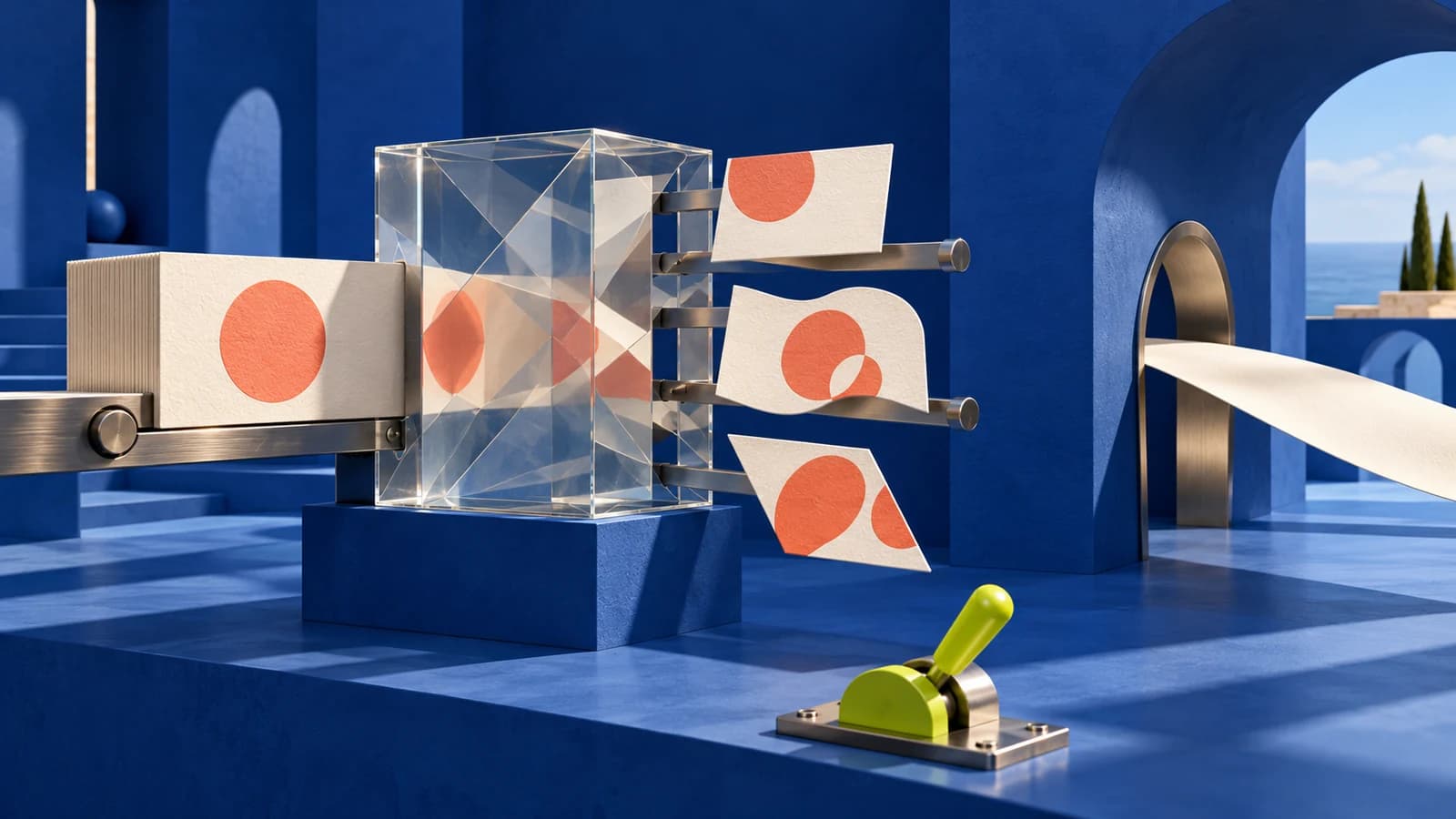 Conceptual artwork: an ivory card passes through a glass prism into three coral-patterned variations while a separate ribbon continues untouched