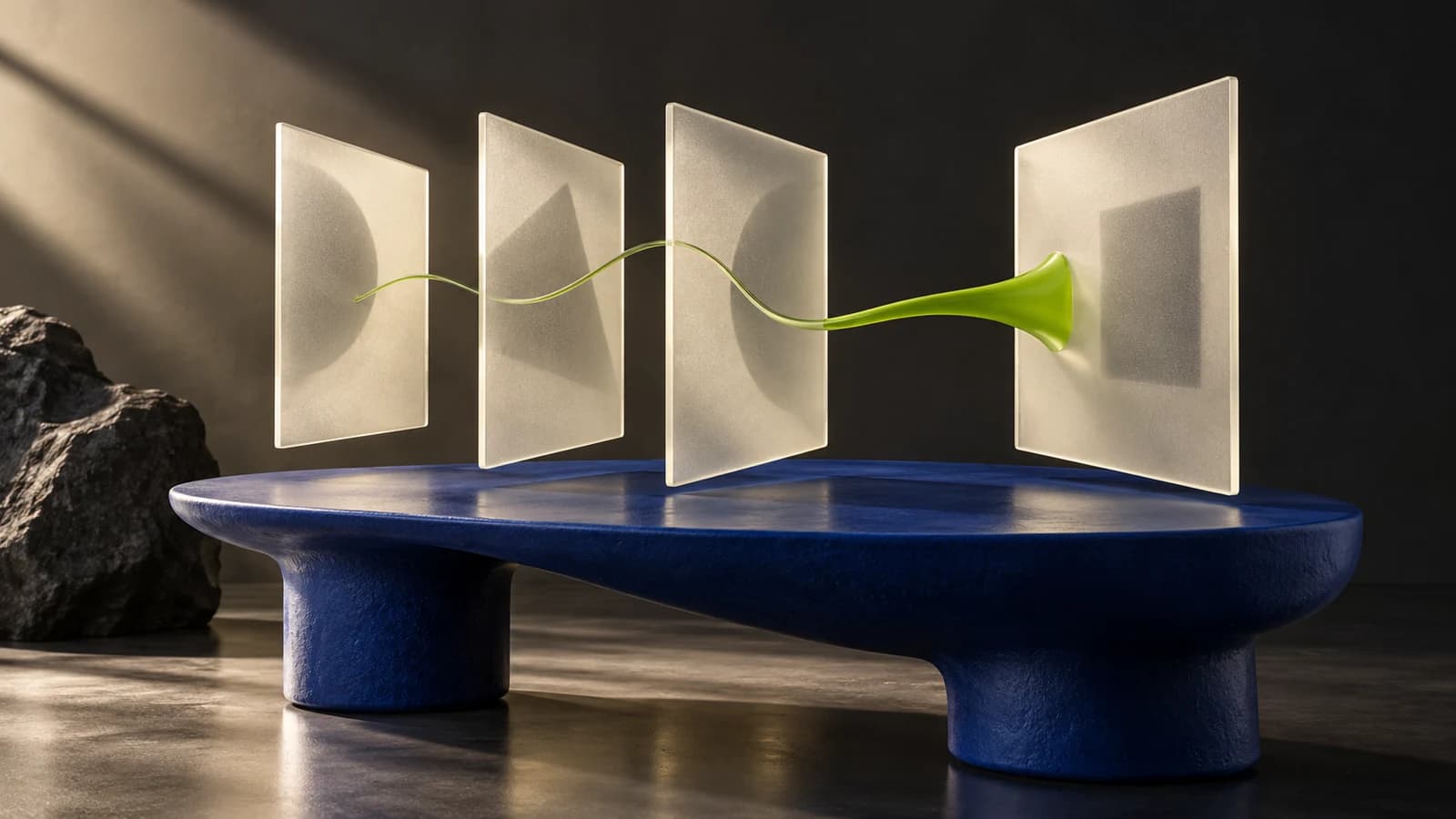 Conceptual artwork of translucent ivory planes joined by a lime thread that becomes a bridge over a cobalt table.
