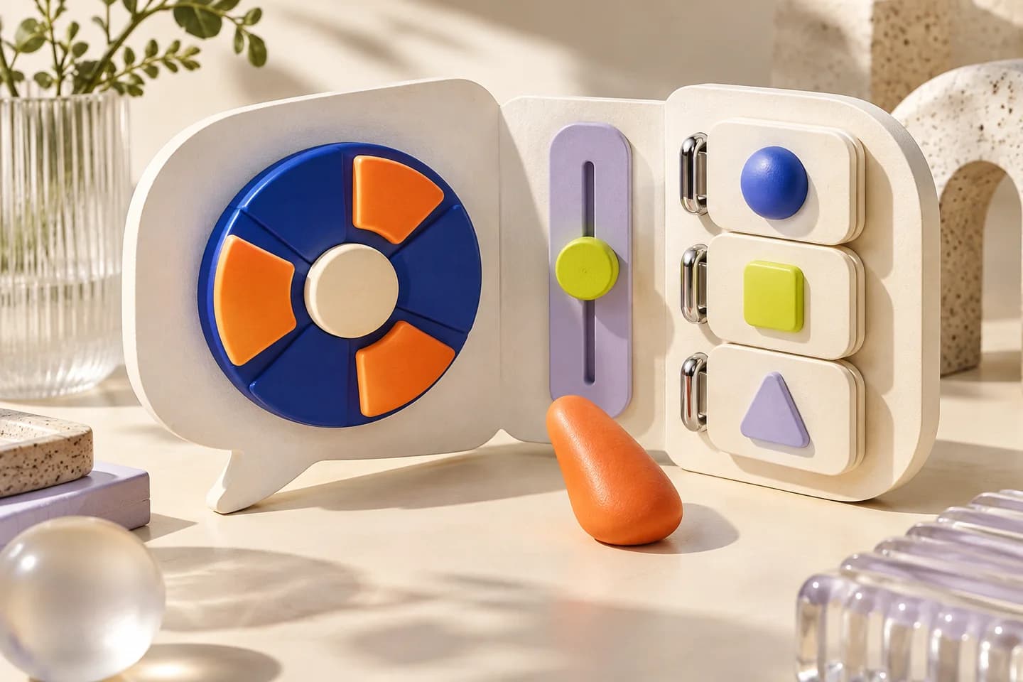 Conceptual cream speech bubble unfolding into a cobalt segmented wheel, a lime slider and connected tiles