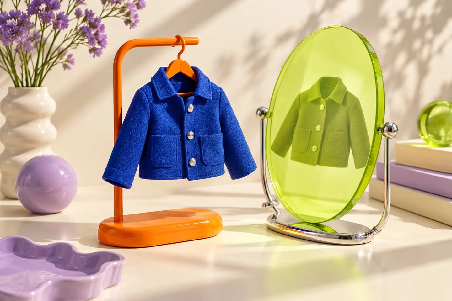 An orange hanger holding a miniature cobalt jacket beside a translucent lime mirror