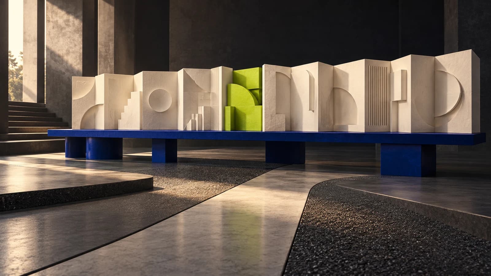 Conceptual artwork of an ivory accordion structure on a cobalt workbench, with a lime section and converging paths.