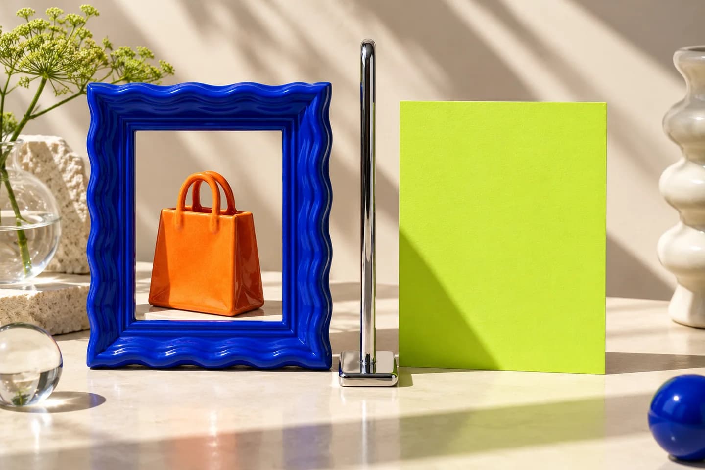 A cobalt picture frame with an orange shopping bag separated from a lime advertising card by a chrome divider