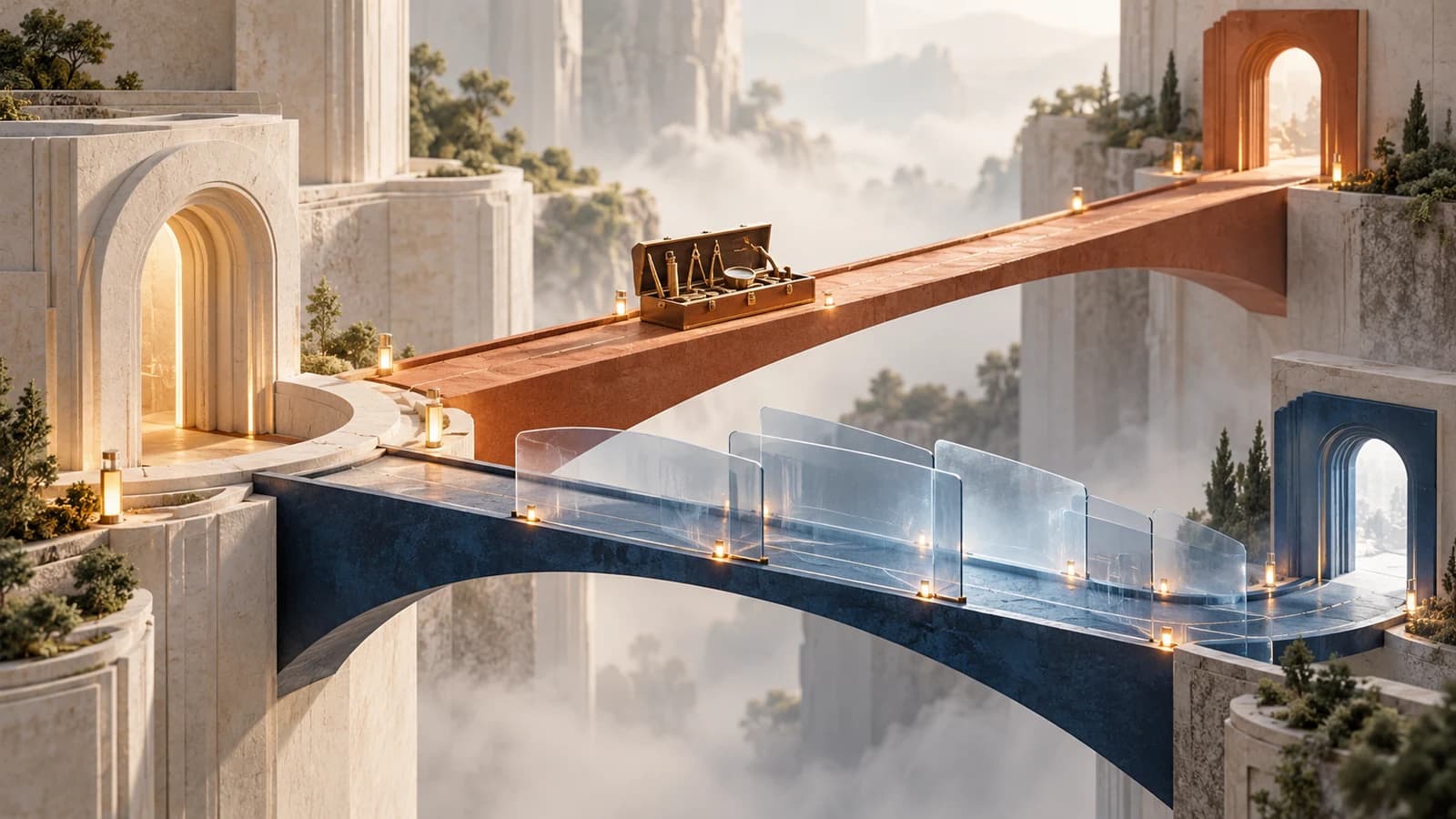 Conceptual miniature of two terracotta and cobalt bridges taking different routes through an ivory atrium, one carrying tools and the other passing protective screens