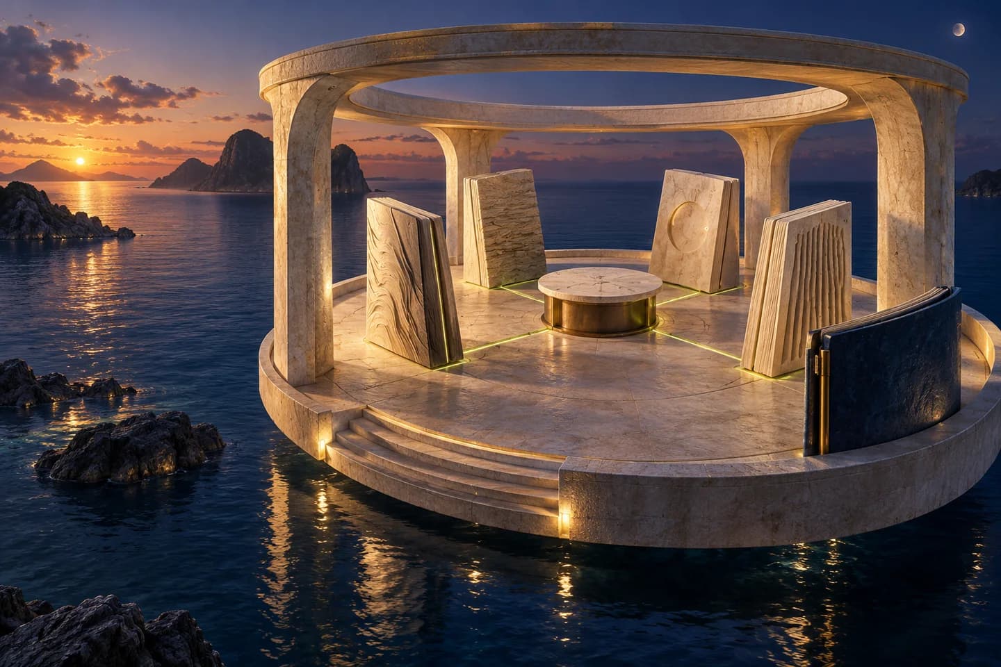 Conceptual illustration of an ivory reading pavilion and sculptural books connected by lime seams above a cobalt sea