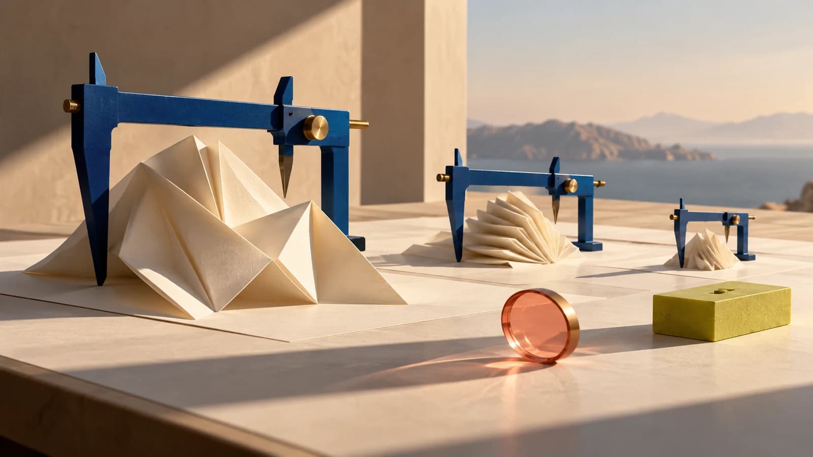 Conceptual cobalt calipers examining folded ivory paper structures beside a coral lens and lime counterweight