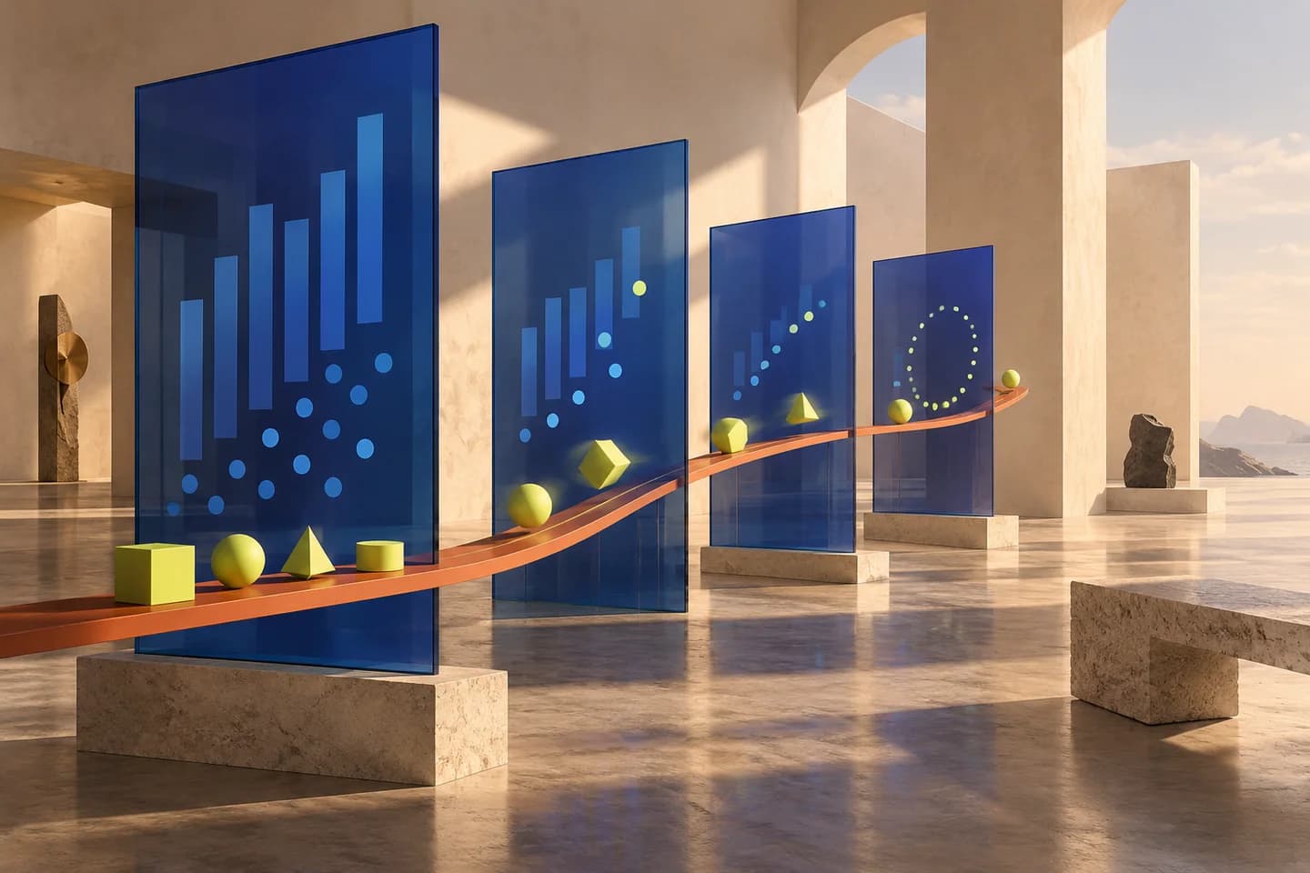 Conceptual illustration of cobalt data panels and lime shapes moving along an orange track through a sunlit gallery