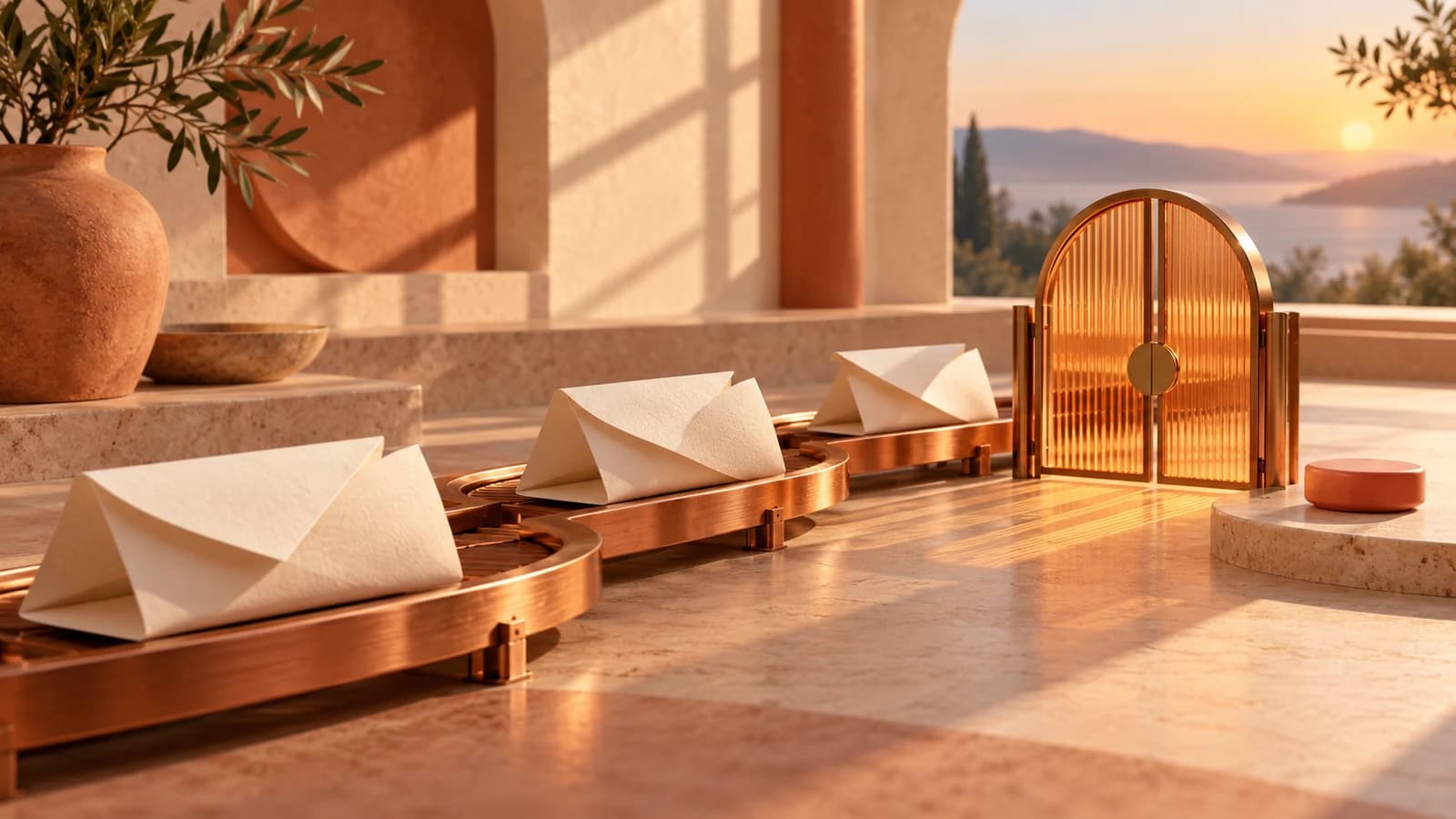 Conceptual artwork: folded ivory messages travel along copper tracks towards a closed amber gate in a terracotta atelier