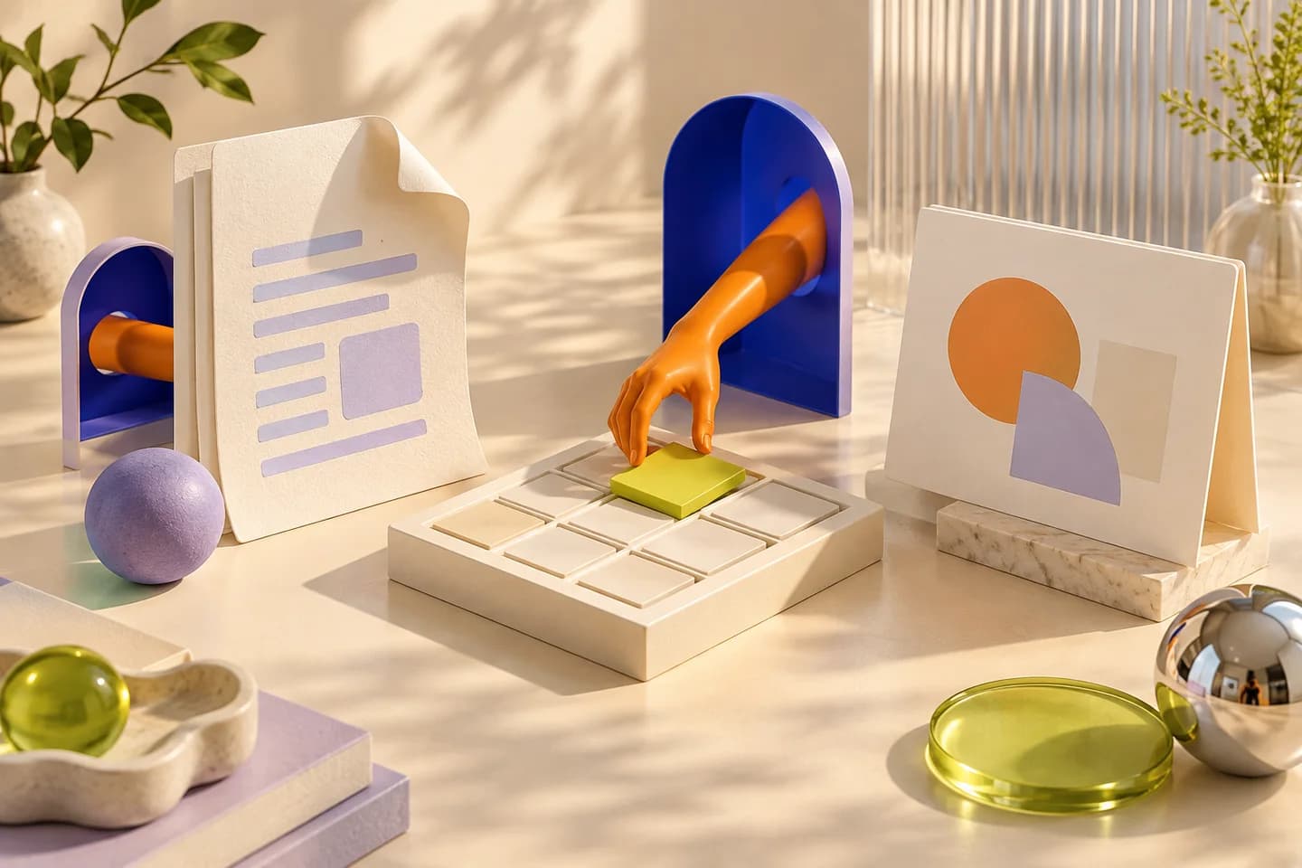 Conceptual sculpture: an orange editing arm reaches through a cobalt doorway to adjust a lime tile among paper document, spreadsheet and presentation forms