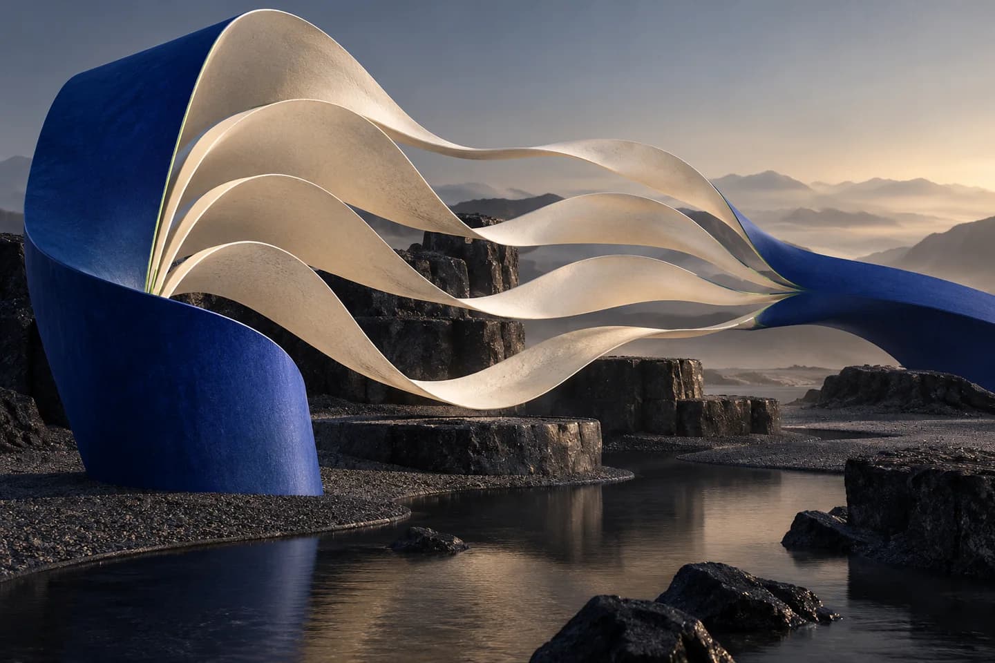 Conceptual illustration of a cobalt ribbon separating into ivory ceramic folds and reuniting above a dark mineral landscape