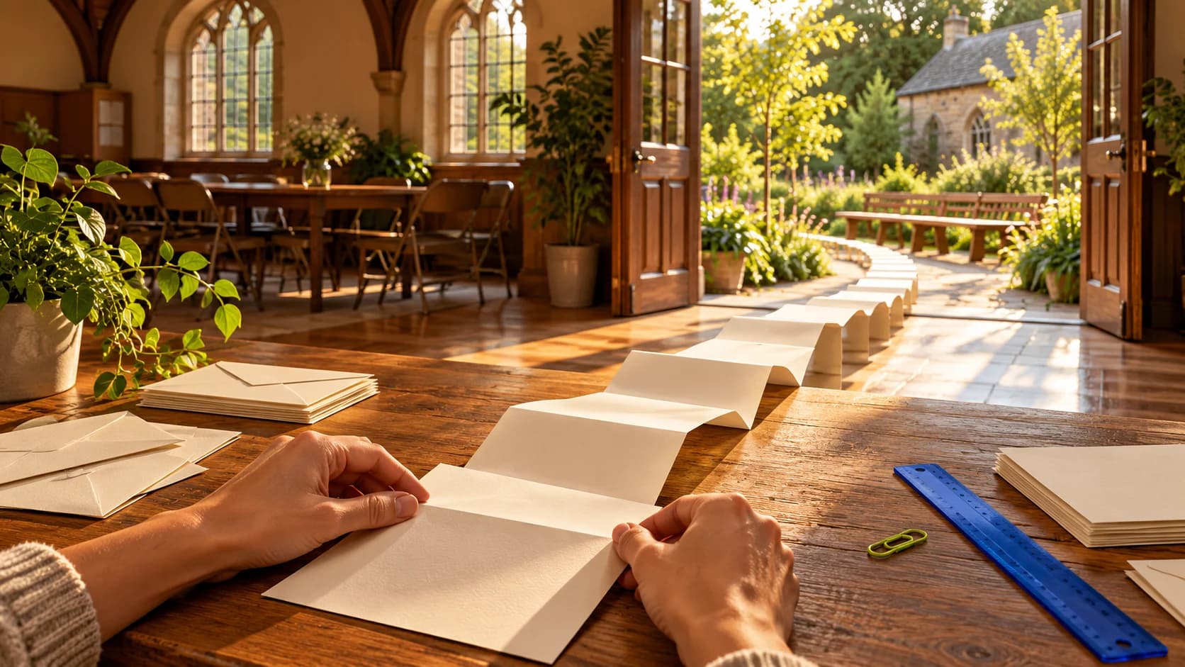 Conceptual artwork: hands arrange a paper bridge across a community-hall table towards a sunlit garden and shared bench.