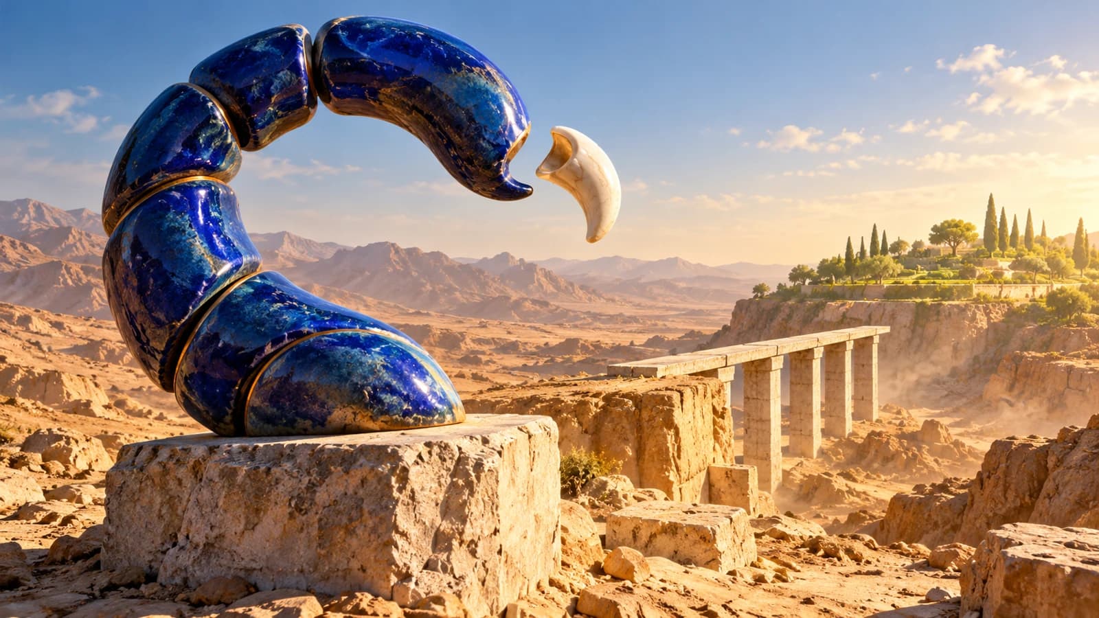 Conceptual artwork: an abstract cobalt ceramic scorpion tail and floating ivory clasp beside an unfinished walkway across a desert