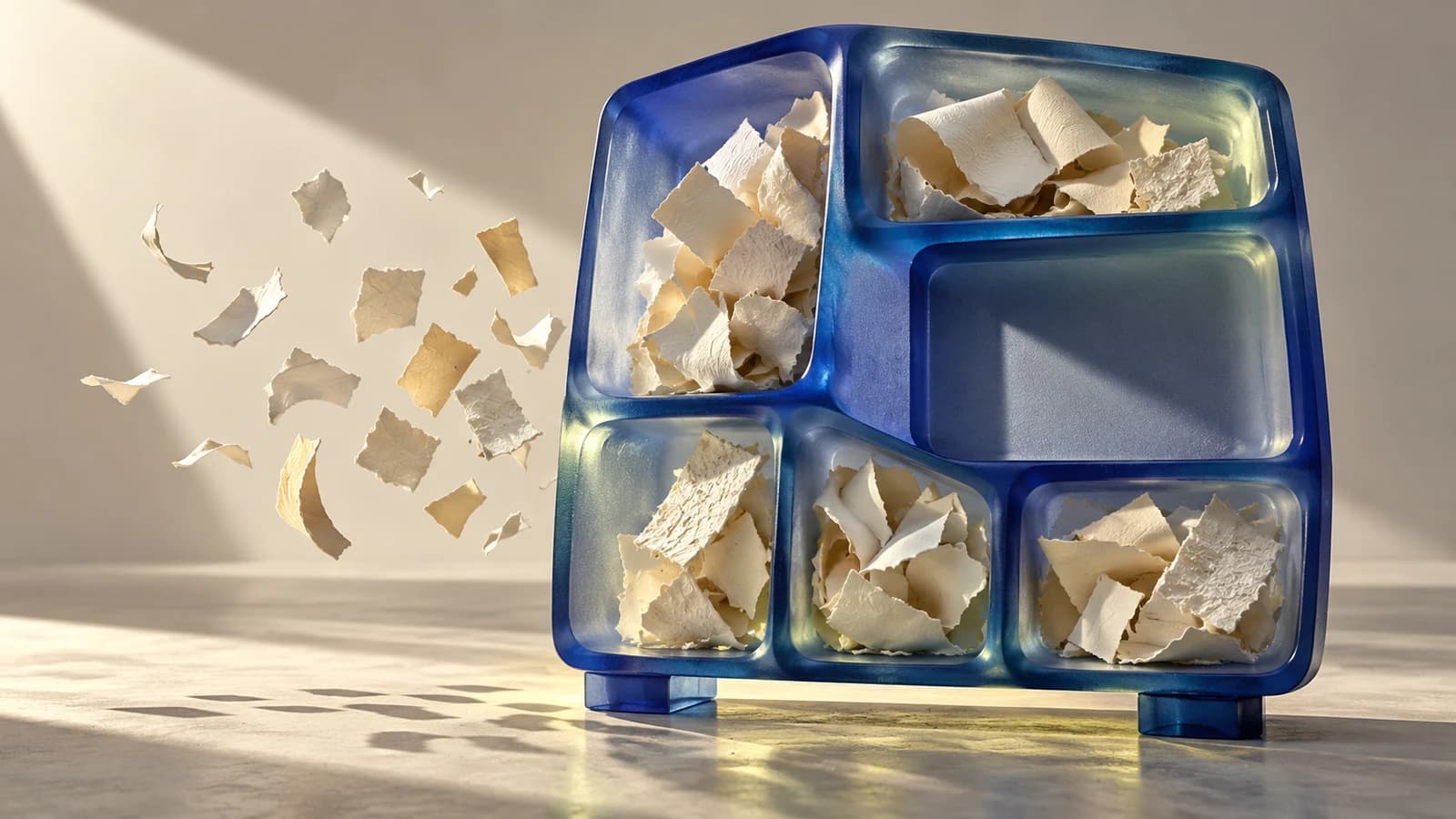 Conceptual cobalt glass cabinet holding paper fragments, with one empty compartment and loose paper hovering beside it