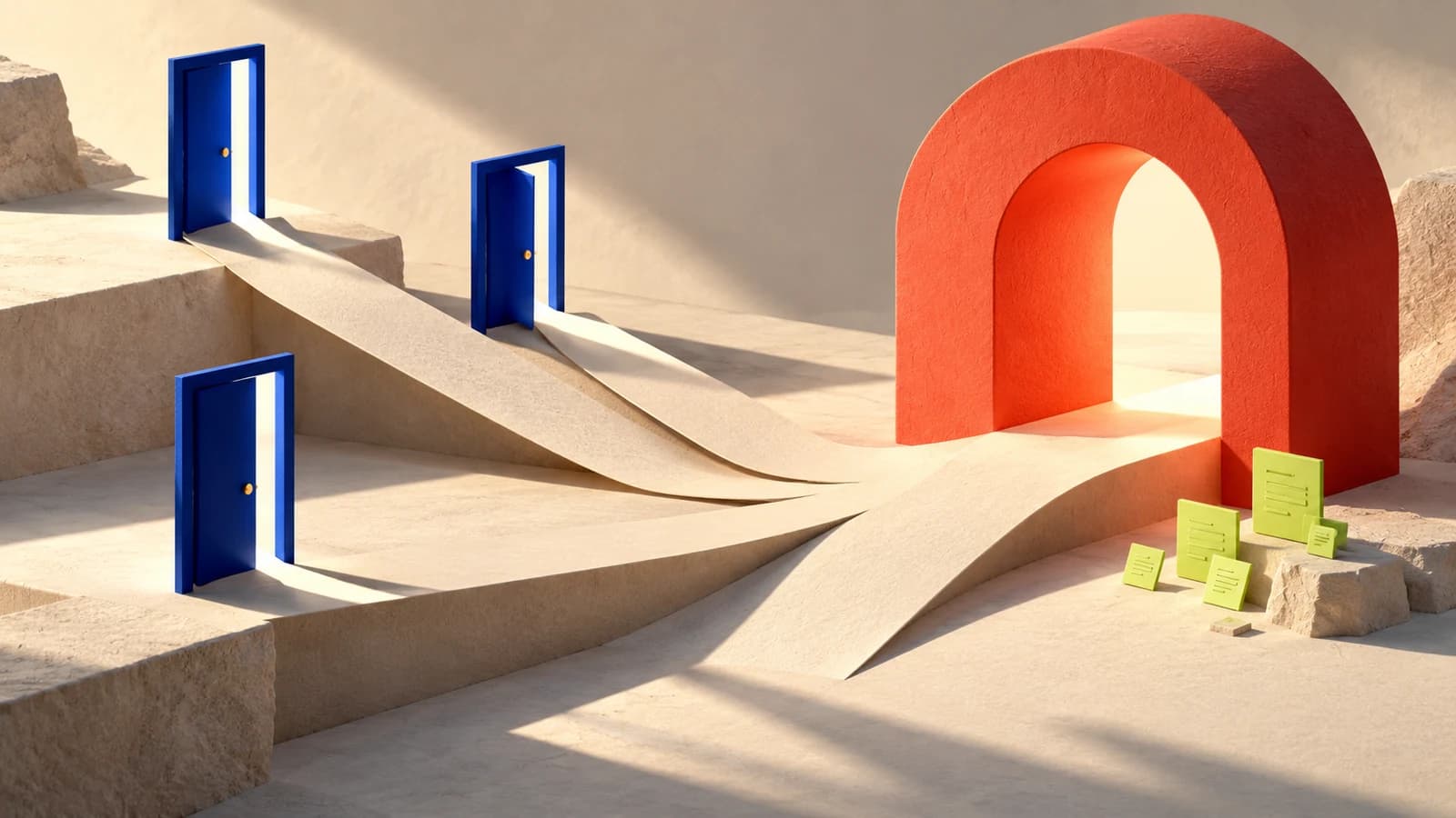 Conceptual illustration of cobalt doorways with folded paper paths converging at a coral arch beside lime document tiles