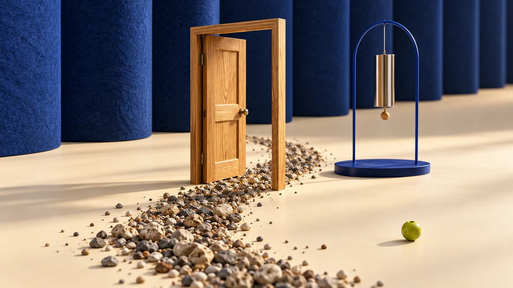 A miniature oak door over a gravel path, with a metal chime, cobalt acoustic backdrop and separate lime bead, illustrating individual sounds within a scene
