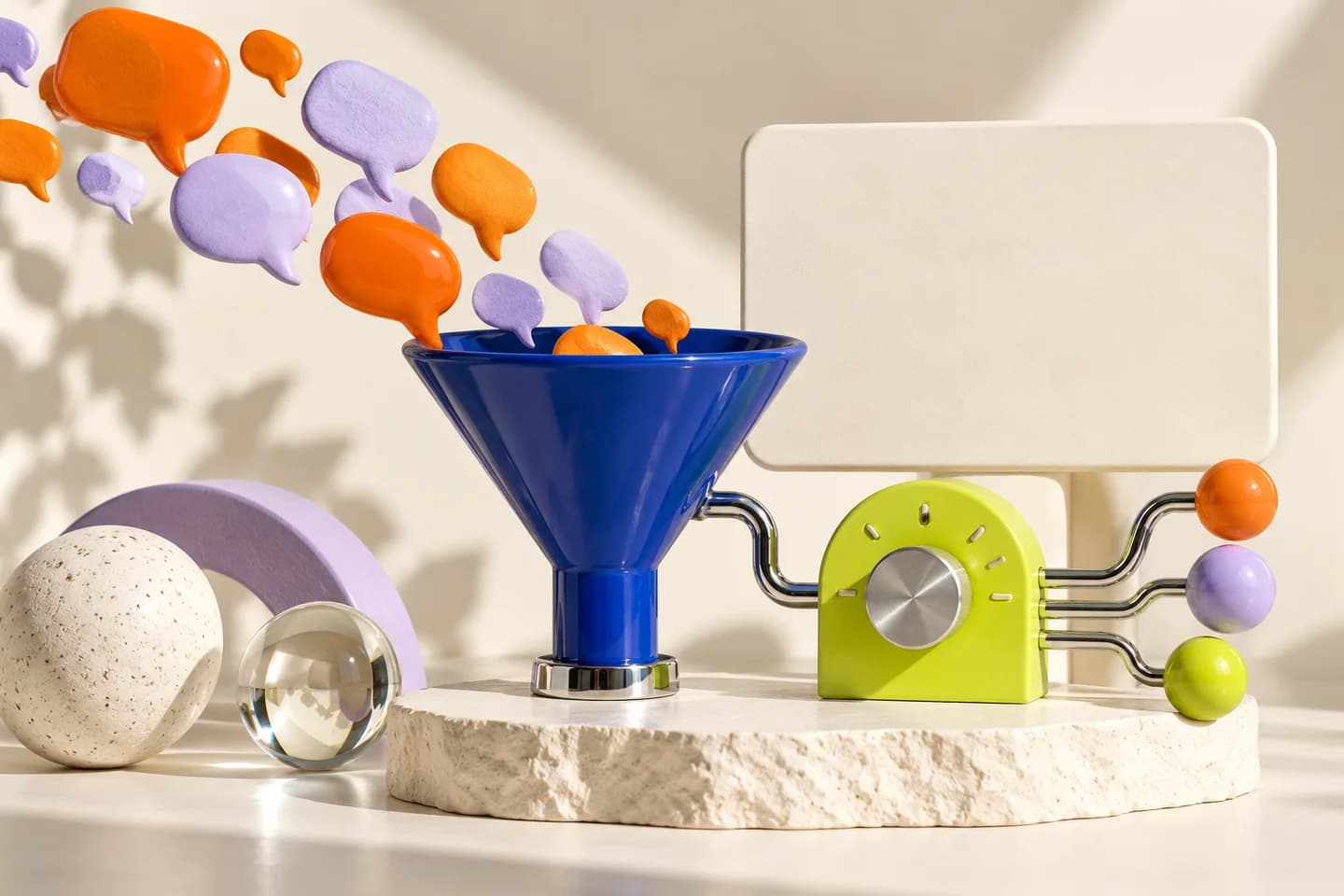 Speech-bubble sculptures flowing into a cobalt funnel beside a lime control dial and cream dashboard card