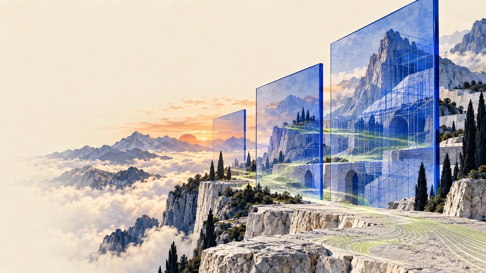 Conceptual landscape: monumental cobalt glass planes reveal geometric traces across limestone terraces above clouds