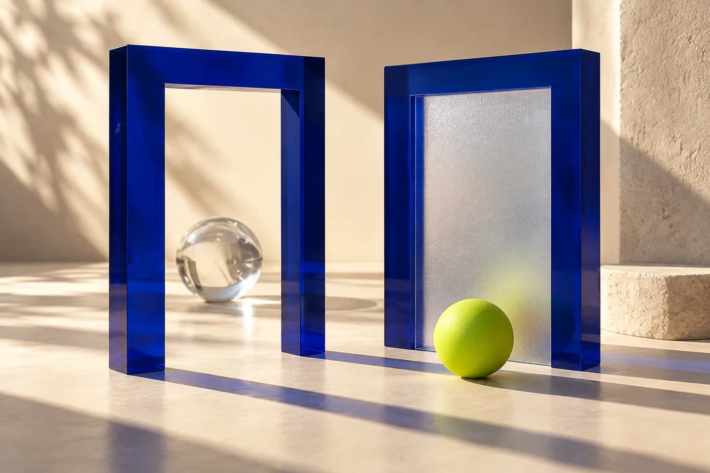 Two blue acrylic doorways, one open and one blocked by frosted glass, with a lime sphere waiting outside