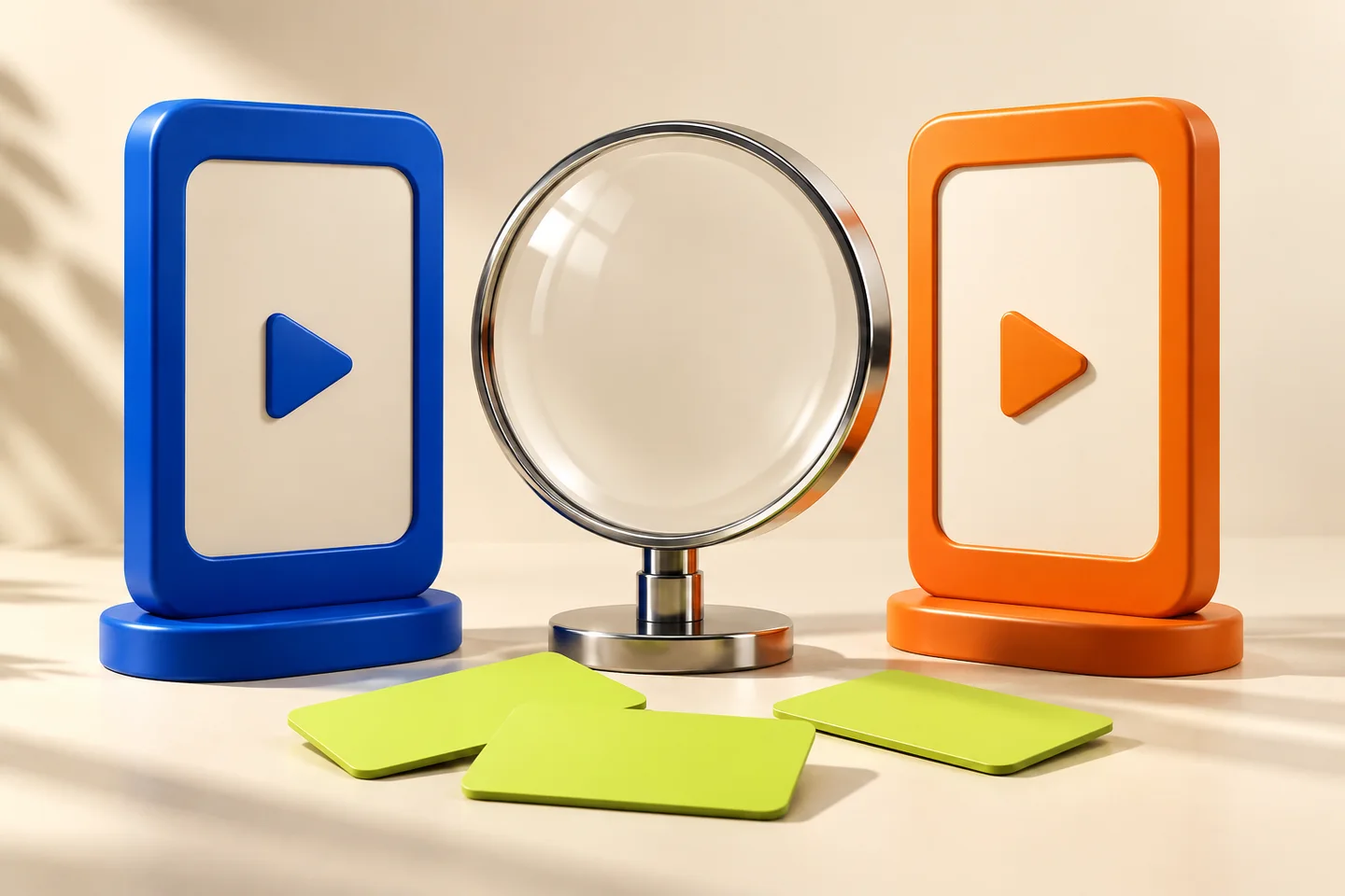 A magnifying lens between cobalt and orange video-frame sculptures on a cream surface