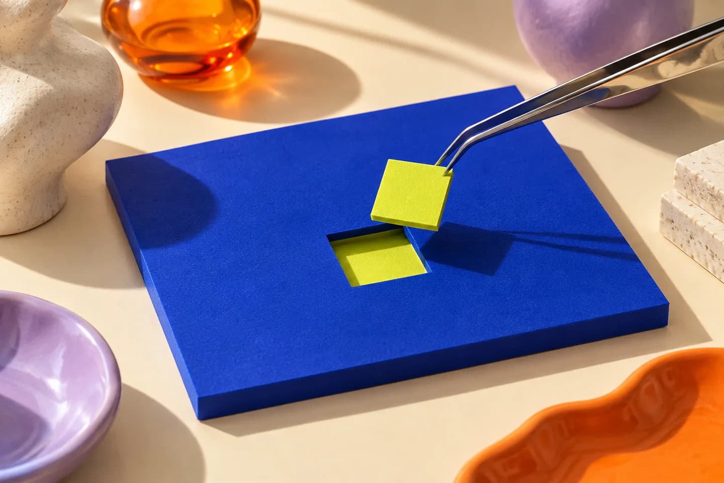 Chrome tweezers lift a lime square from a cobalt panel while the surrounding surface stays intact