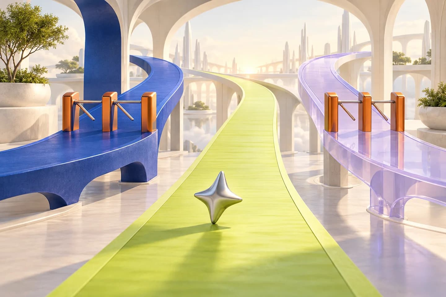 Conceptual architectural scene with an open lime walkway between cobalt and lavender routes behind orange turnstiles