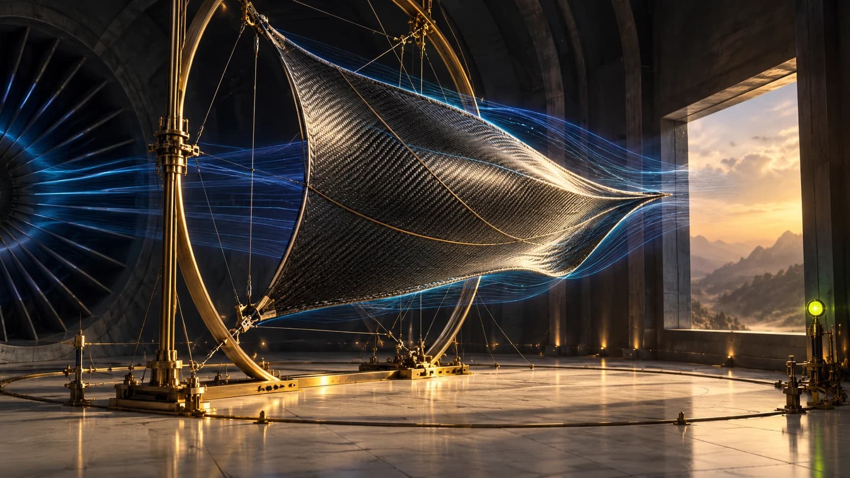 Conceptual artwork: a woven carbon sail stretches inside a brass testing frame, with cobalt airflow lines in a vast dusk-lit wind tunnel.