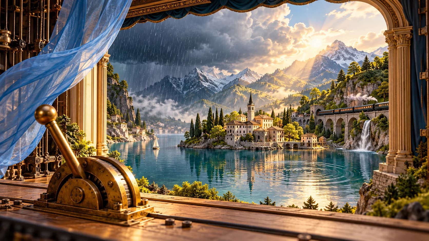 Conceptual artwork: a brass theatre lever faces an alpine miniature world, with rain and sunlight sharing its sky.