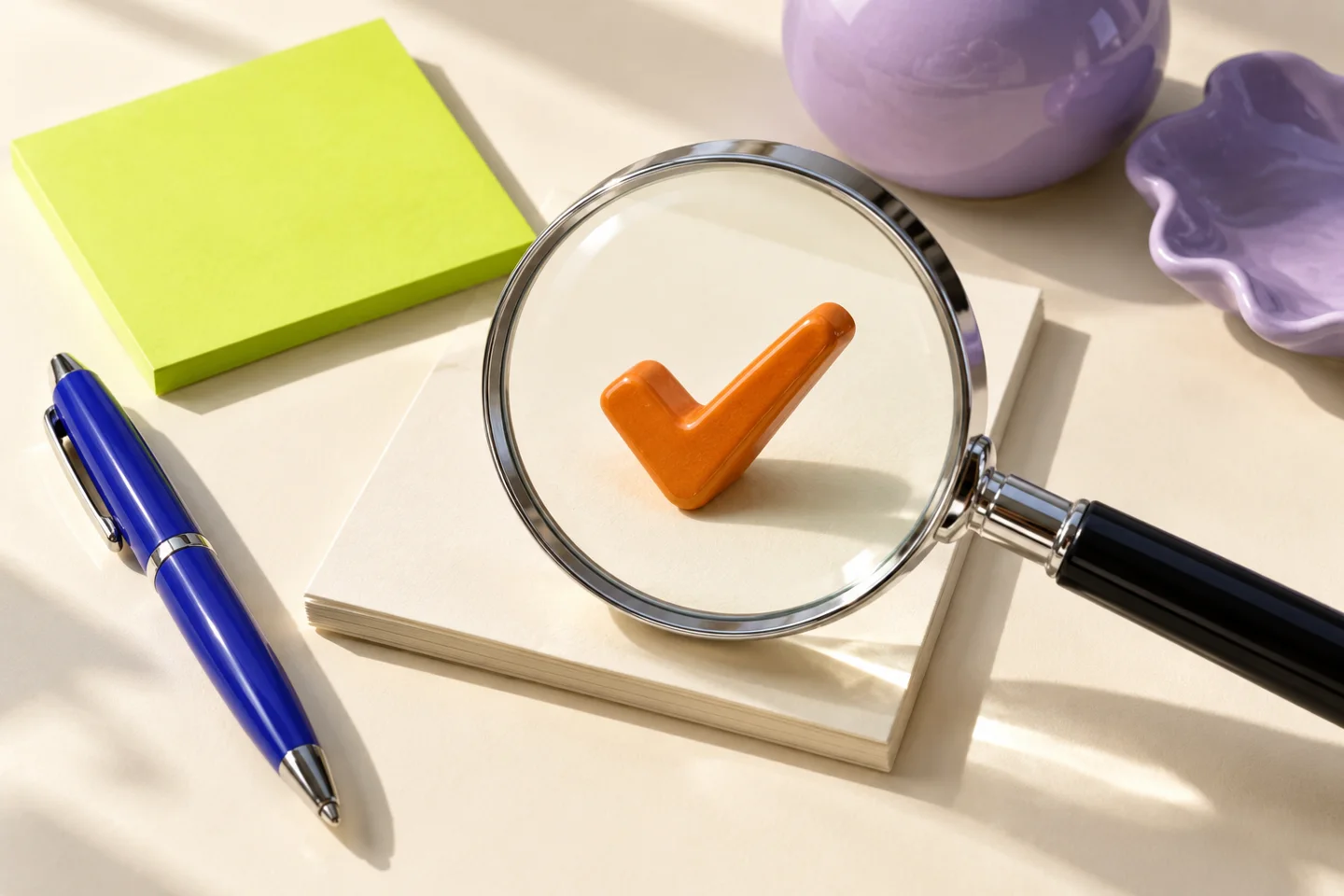 A chrome magnifying lens over an orange checkmark on a cream page beside a cobalt pen