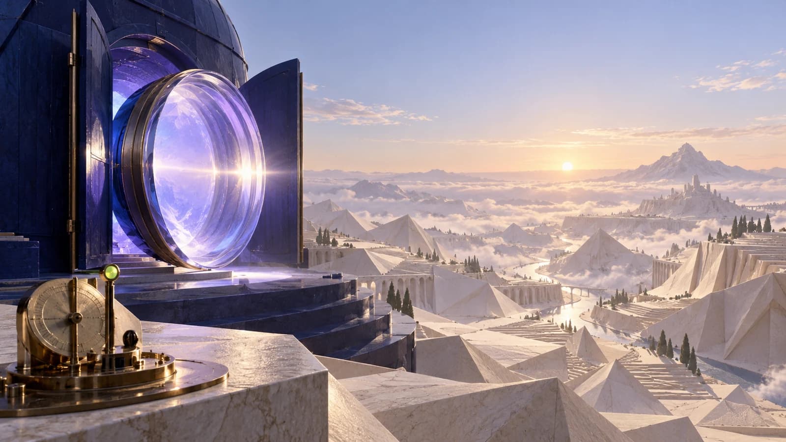 Conceptual artwork: a violet glass lens emerges from an open cobalt observatory above ivory terraces, beside a brass meter.