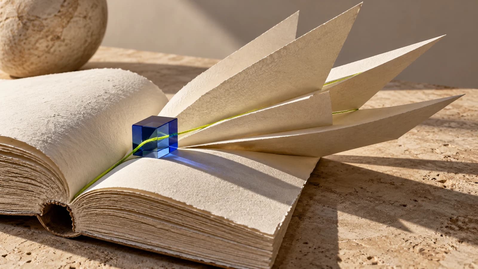 Conceptual artwork of an ivory manuscript with folded pages and a lime thread passing through a cobalt glass prism