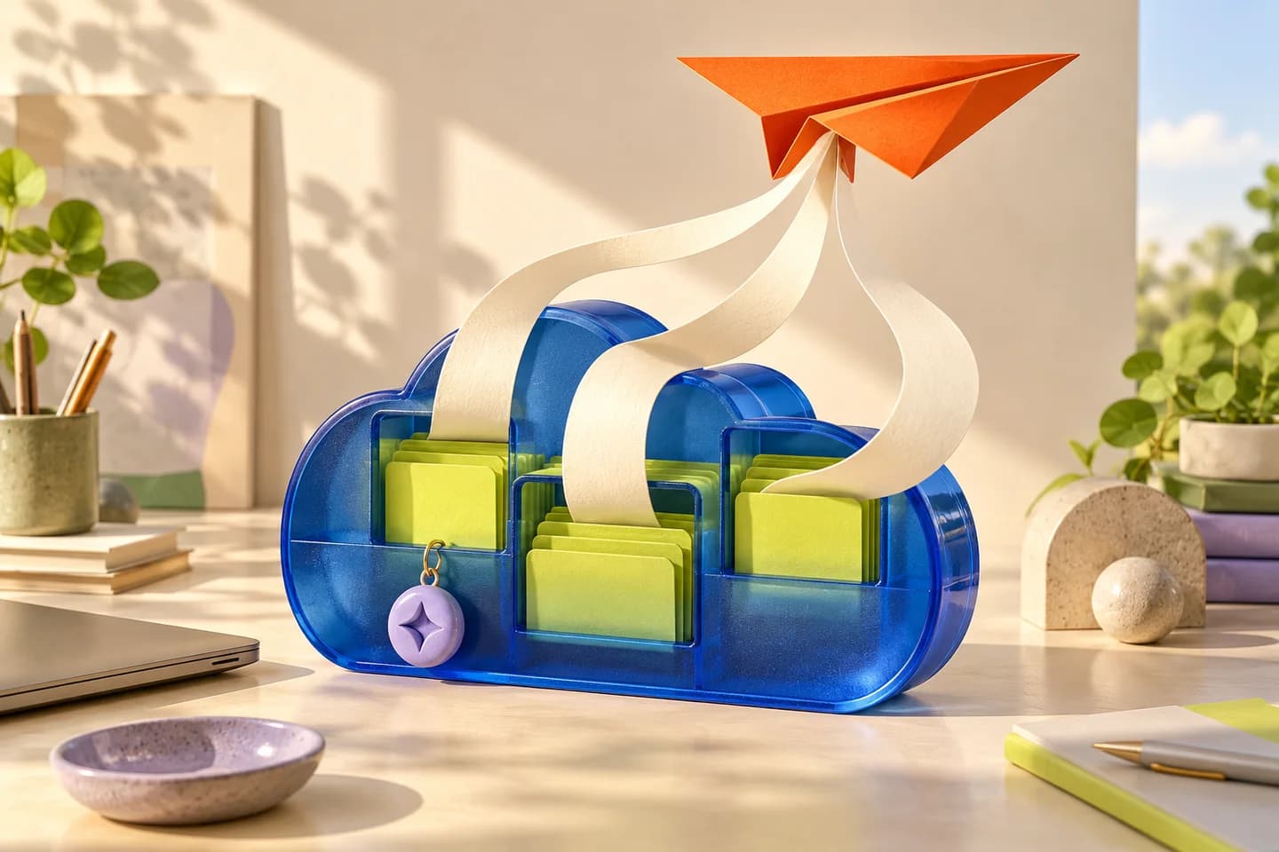 Conceptual cobalt cloud archive with lime folders and ivory ribbons leading to an orange paper glider