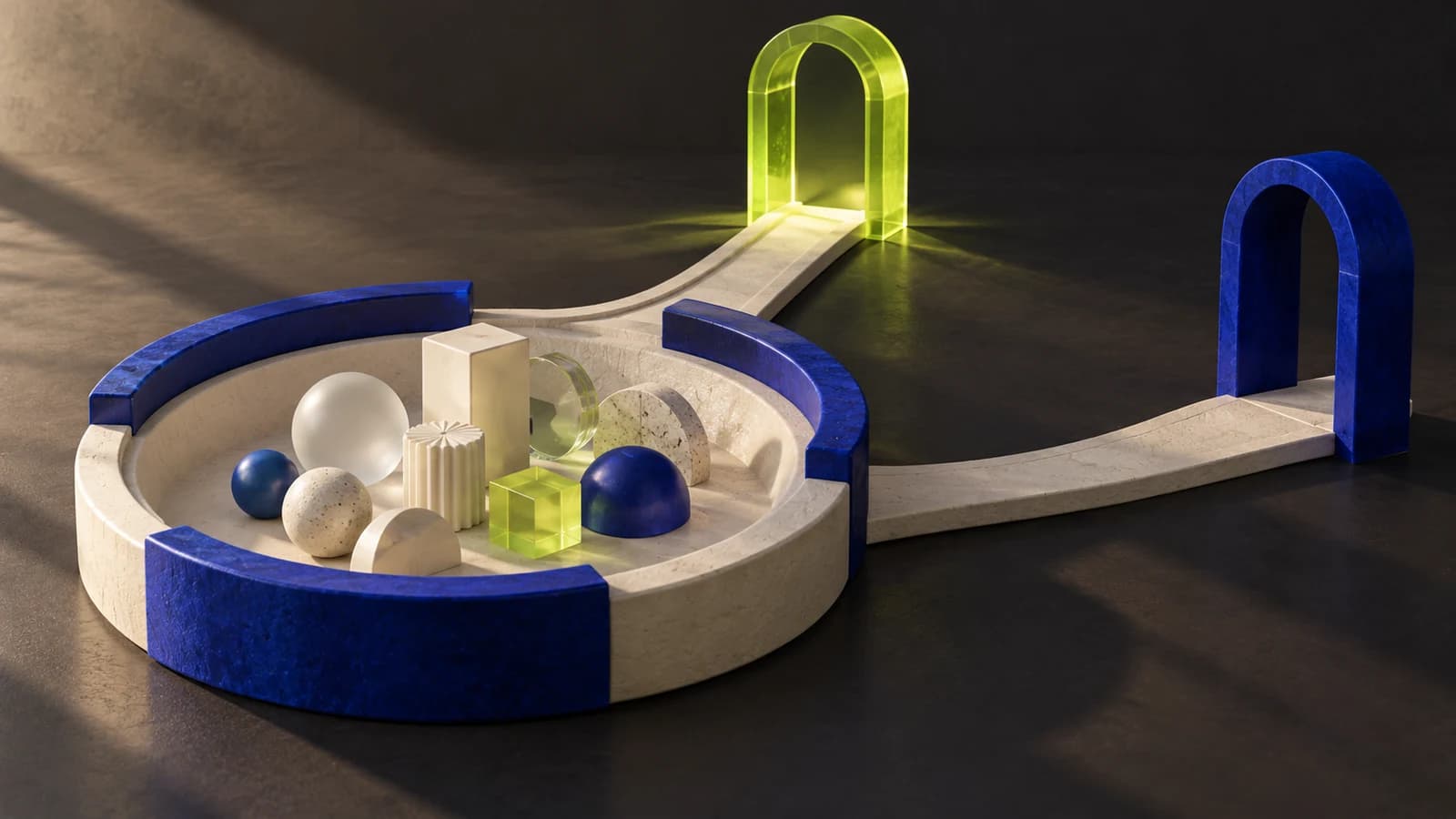 Conceptual artwork of objects gathered in an ivory basin, with separate lime and cobalt passageways.