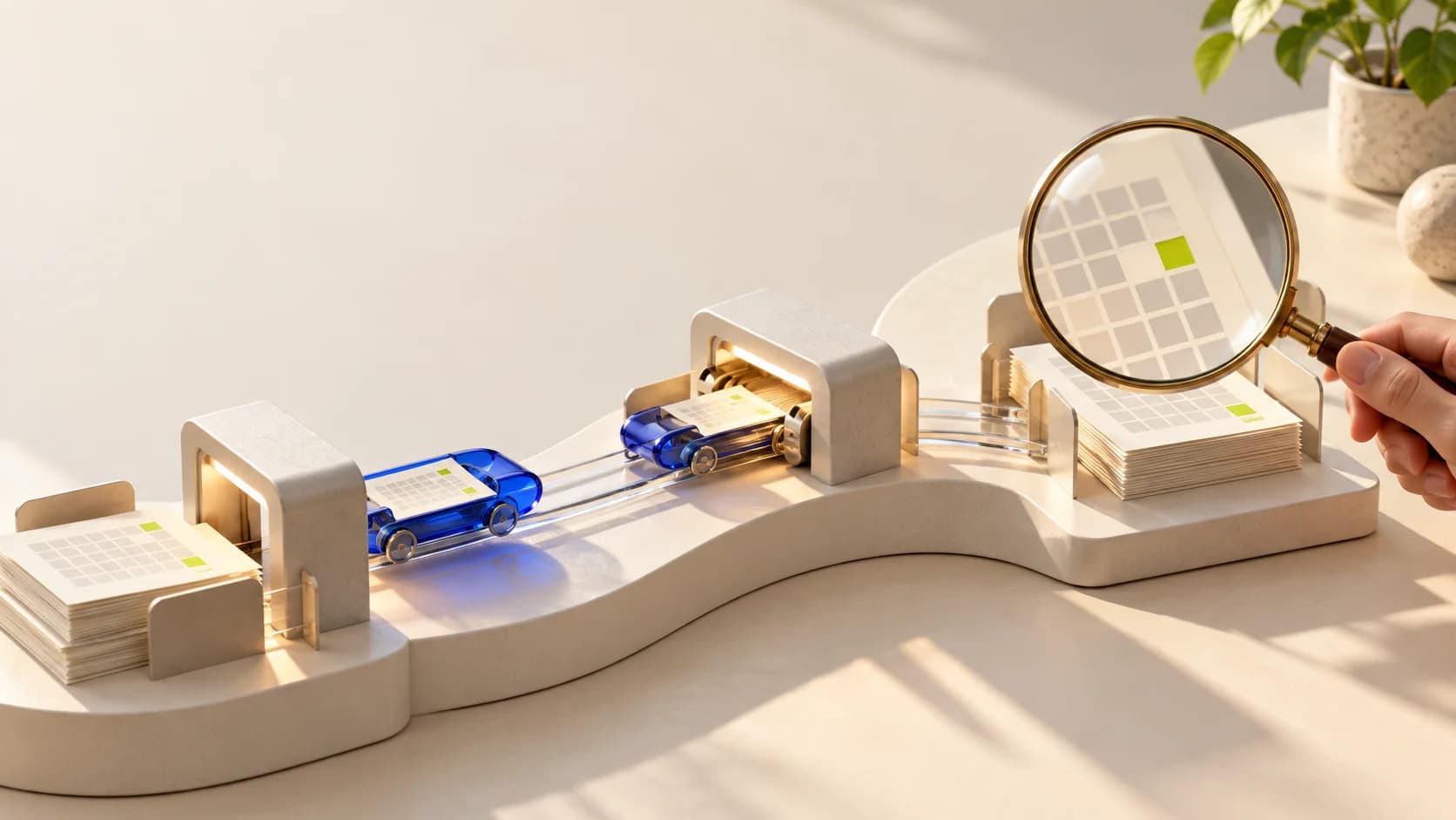 Conceptual artwork: cobalt glass shuttles carry documents between ivory workstations while a hand inspects a grid through a magnifying lens.