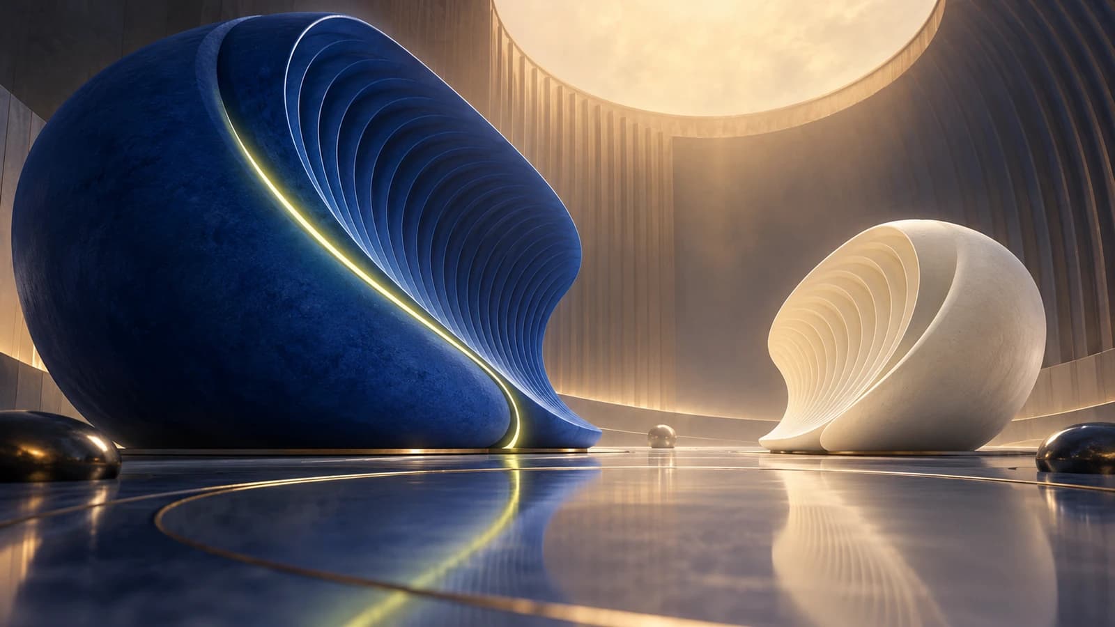 Conceptual AI-generated artwork: cobalt and ivory ribbed acoustic shells face each other in a softly lit sound chamber