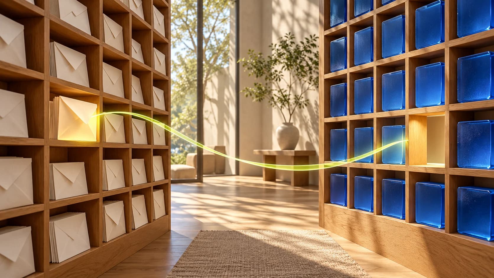 Conceptual artwork: a ribbon of light links an envelope in a wooden shelf to an empty space among blue calendar-like tiles.