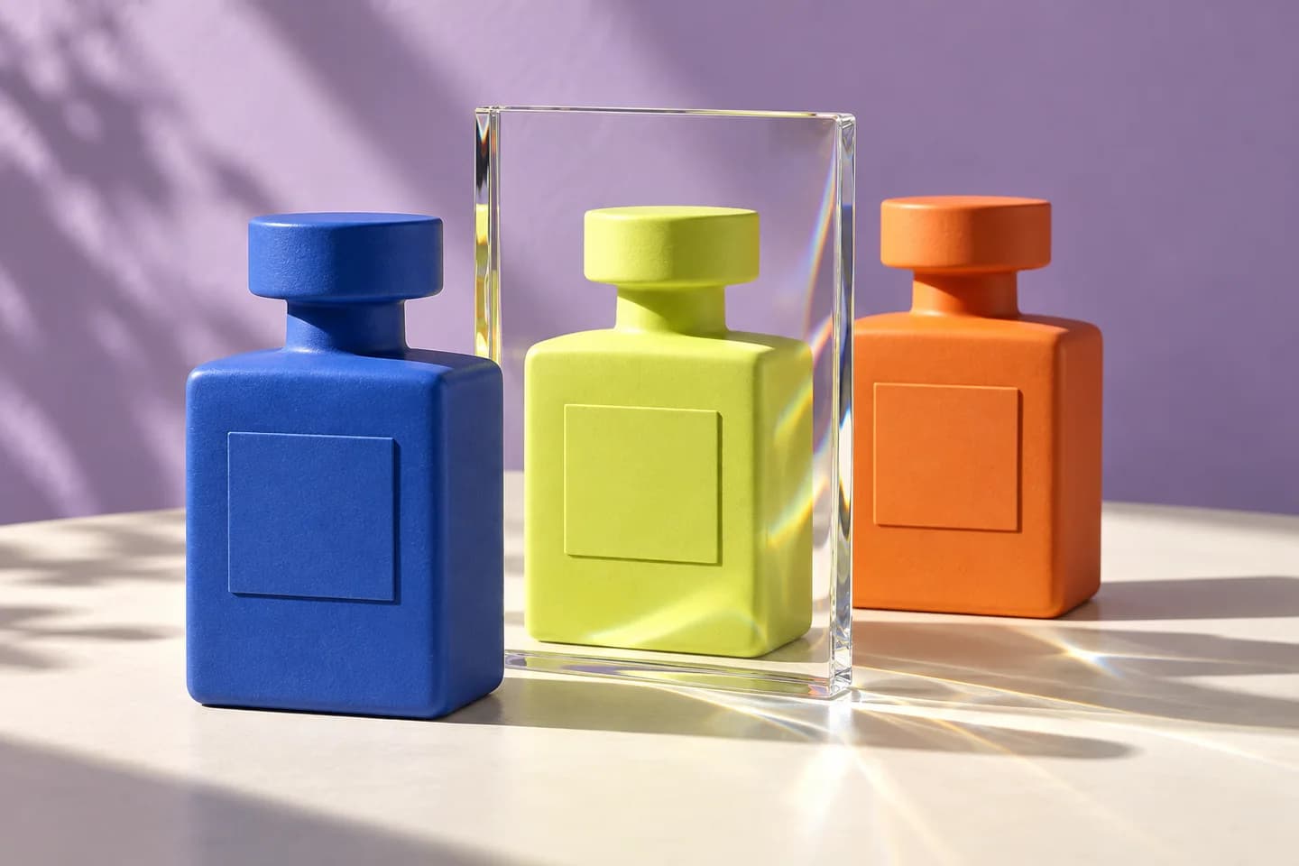 Three matching ceramic bottles in blue, lime and orange, with a glass edit frame around the middle bottle