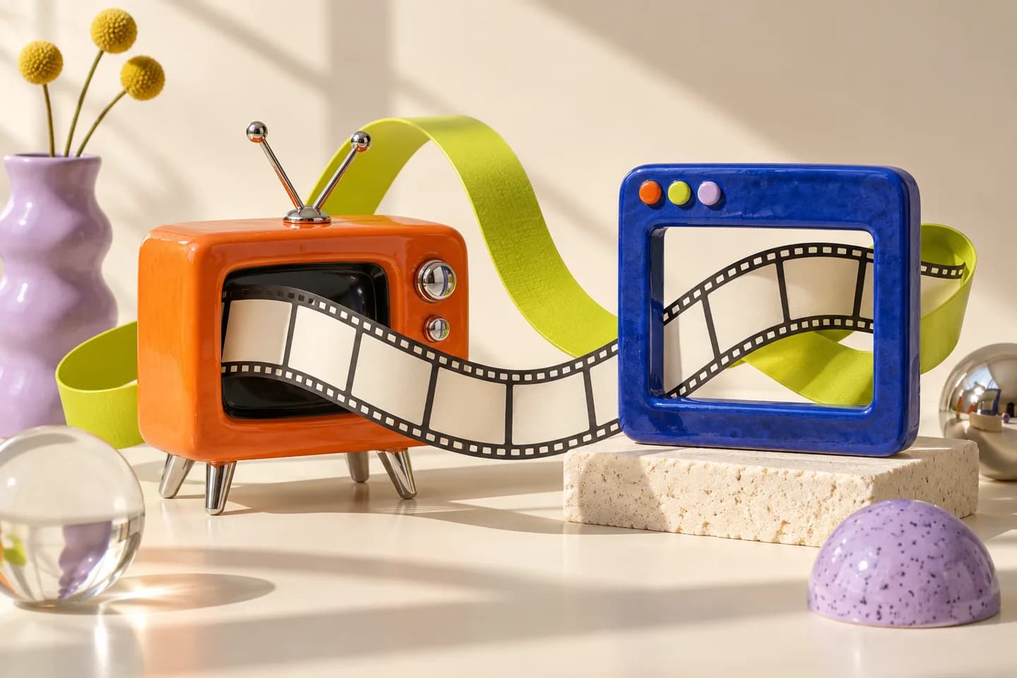 An orange television and cobalt frame joined by a lime ribbon and cream filmstrip