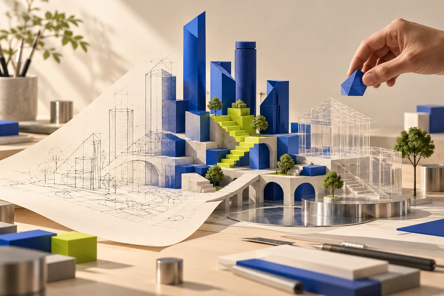 Conceptual artwork: a paper sketch rises into a cobalt miniature city while a human hand holds a component above an unfinished wireframe pavilion.